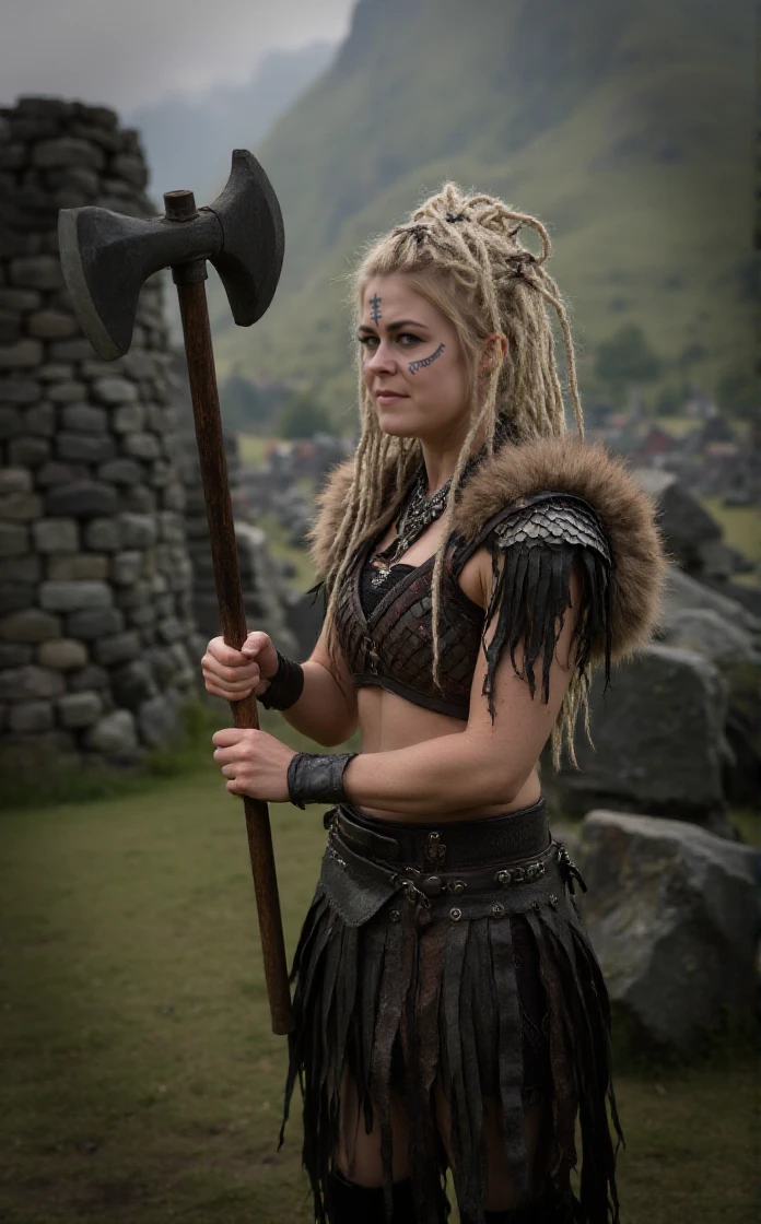 Mieze Musch-Musch is a woman viking warrior with face paint. She wears a leather light armor with straps and fur. She hold an axe in a medieval scenery  <lora:Mieze_Musch-Musch:0.9>