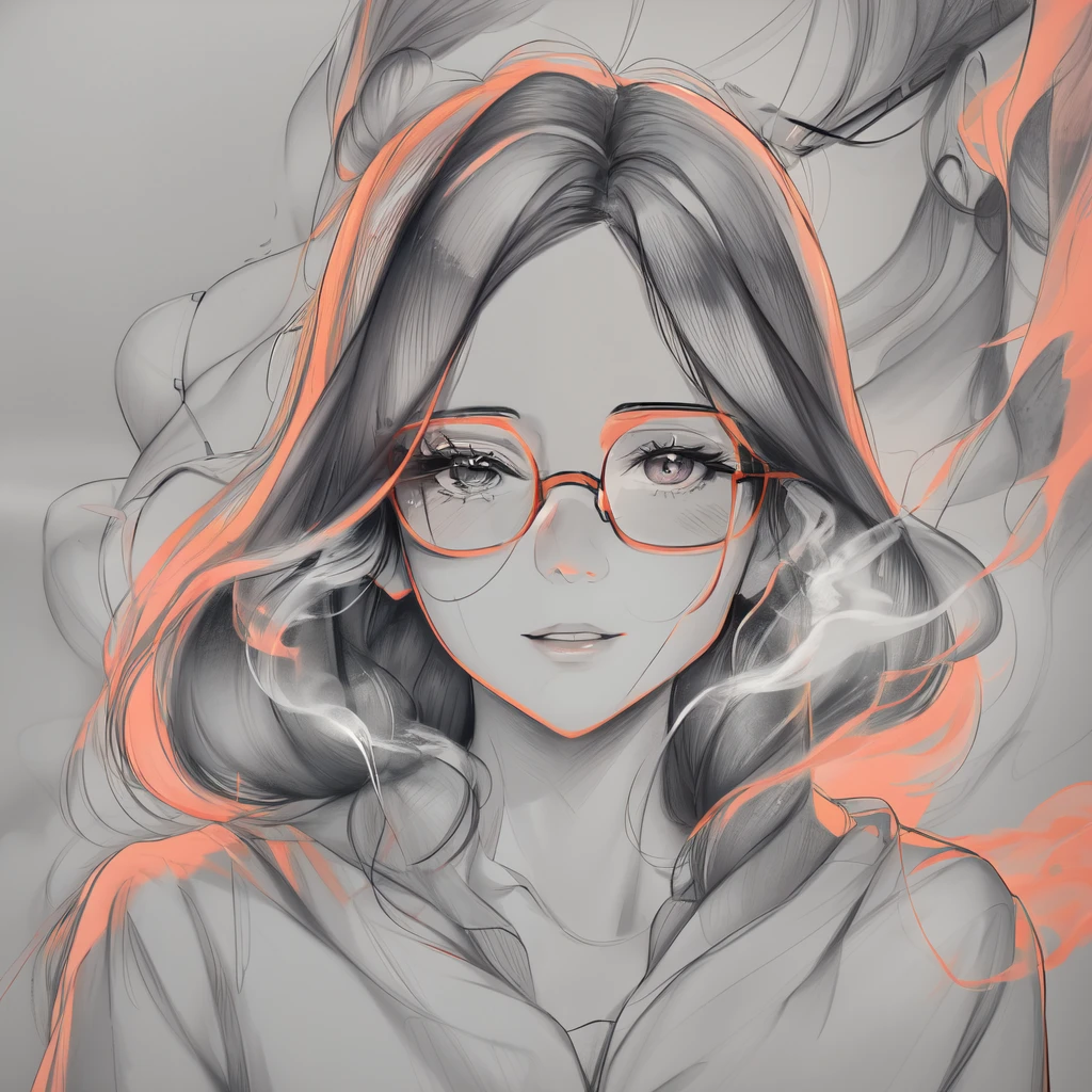 a drawing of a 30 year old woman wearing glasses with vibrant smoke coming out of her hair. 