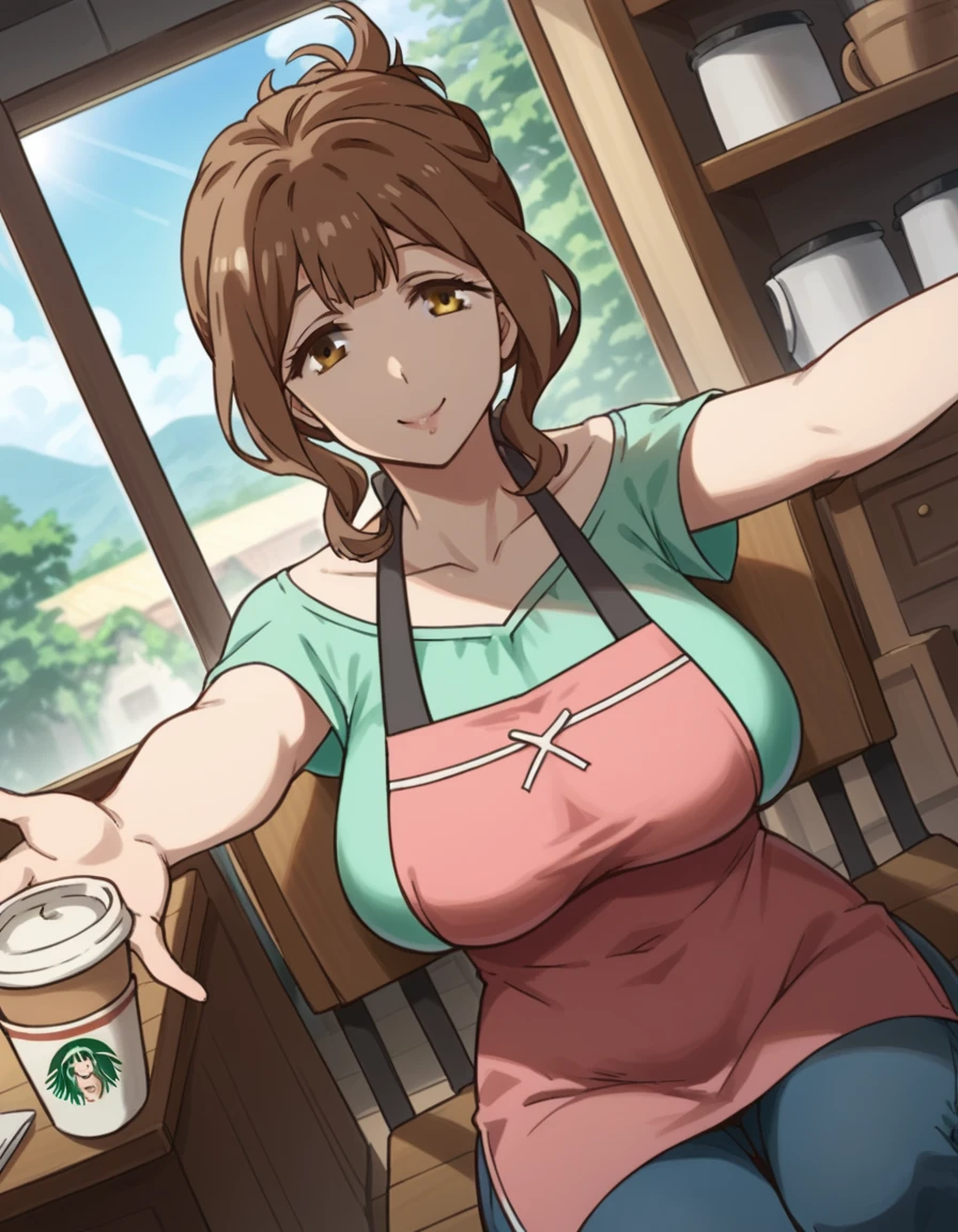 score_9, score_8_up, score_7_up, source_anime, <lora:torino-kazami-s1-ponyxl-lora-nochekaiser:1>, torino kazami, large breasts, brown hair, brown eyes, mature female, folded ponytail, sidelocks,, shirt, apron, green shirt, collarbone, pink apron, pants, denim, cafe, coffee cup, barista, sitting down, talking, relaxing, sunlight through window, smile, , on back, arm support, arms up, incoming hug, pov, reaching, reaching towards viewer,, solo,, cowboy shot, dutch angle