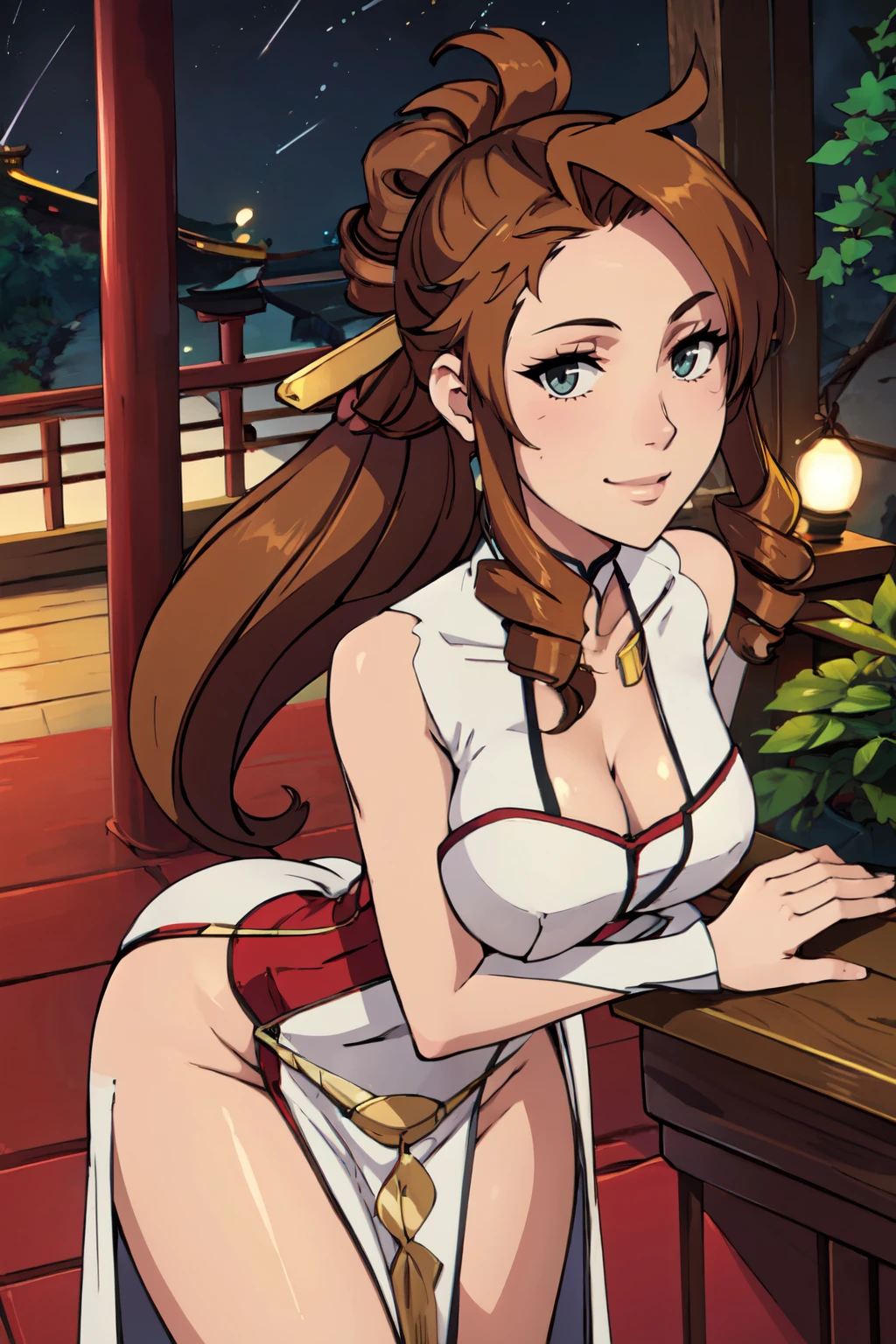 ((masterpiece,best quality)), absurdres,  BREAK, , <lora:Flora_Nanadan_Tenchi:0.8>,  flora, brown hair, drill hair, cleavage, hair ornament, jewelry, ponytail,  , BREAK,  china dress, pelvic curtain, side slit, sleeveless, print dress, covered navel, no panties, outdoors, night, torii, shrine, east asian architecture, leaning forward, hand on own thigh, from above,, BREAK, solo, smile, looking at viewer, cowboy shot,