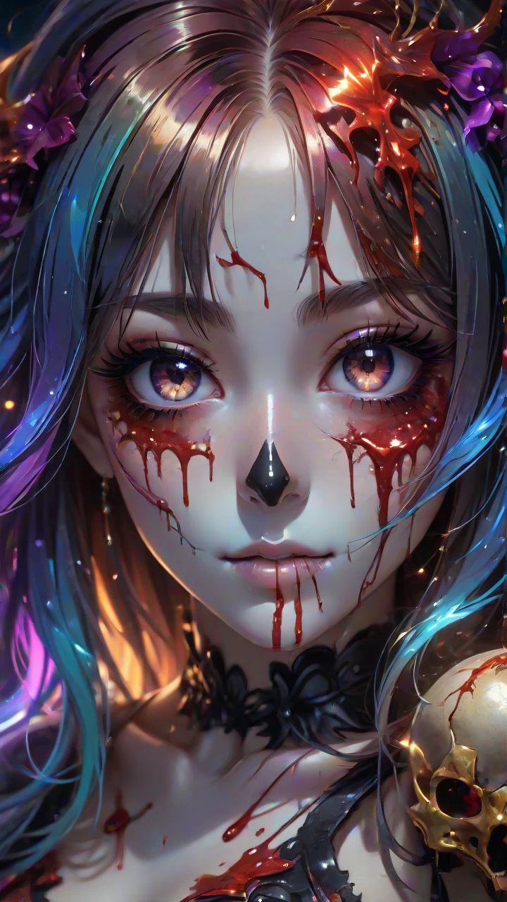 anime artwork a skull with blood and gore [ADD A NEON BORDER AROUND THE OUTSIDE OF IMAGE] . anime style, key visual, vibrant, studio anime,  highly detailed