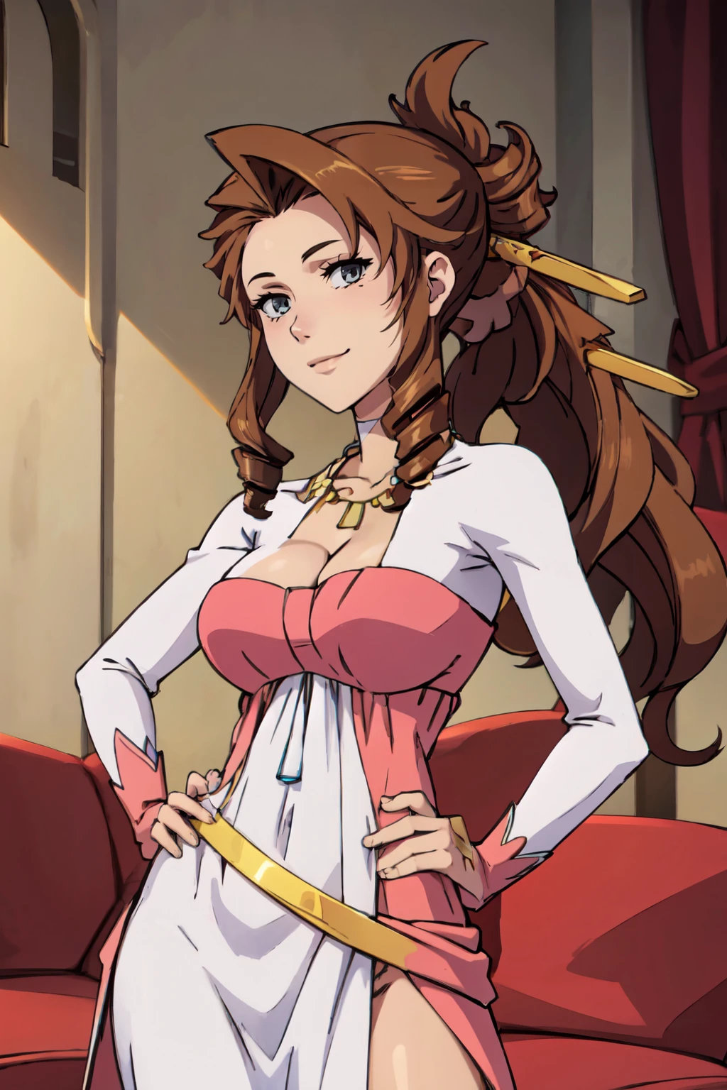 ((masterpiece,best quality)), absurdres,  BREAK, , <lora:Flora_Nanadan_Tenchi:0.8>,  flora, brown hair, drill hair, cleavage,  dress, hair ornament, jewelry, ponytail, necklace , BREAK, hip to the side, hand on hip, contrapposto,, BREAK, solo, smile, looking at viewer, cowboy shot,