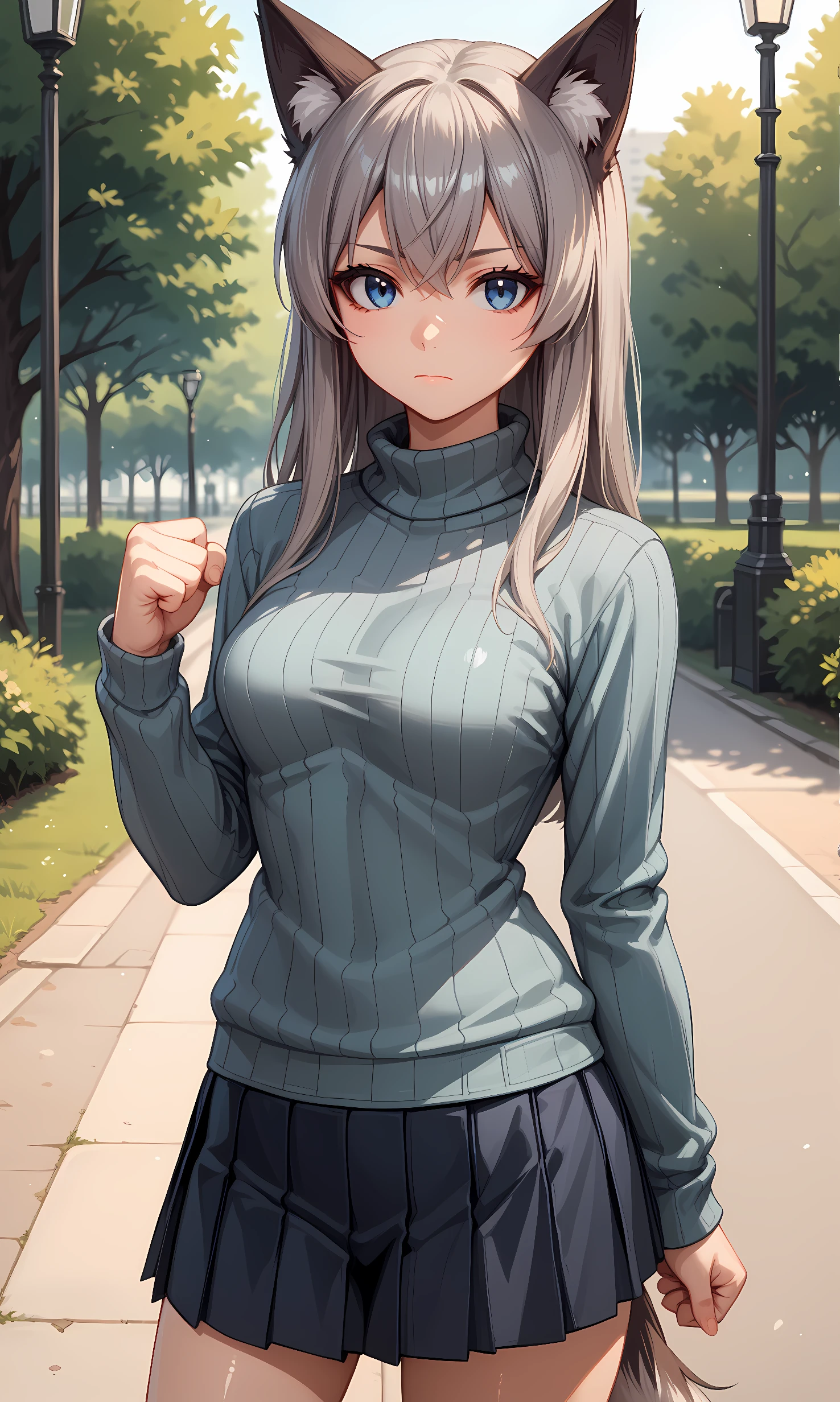 score_9, score_8_up, score_7_up, source_anime, 1girl, solo, outdoors, park, cowboy shot, standing, looking at viewer, shiny skin,eila, blue eyes, grey hair, long hair, fox ears, fox tail, ribbed sweater, turtleneck, long sleeves, miniskirt, black skirt, pleated skirt, sweater dress, closed mouth