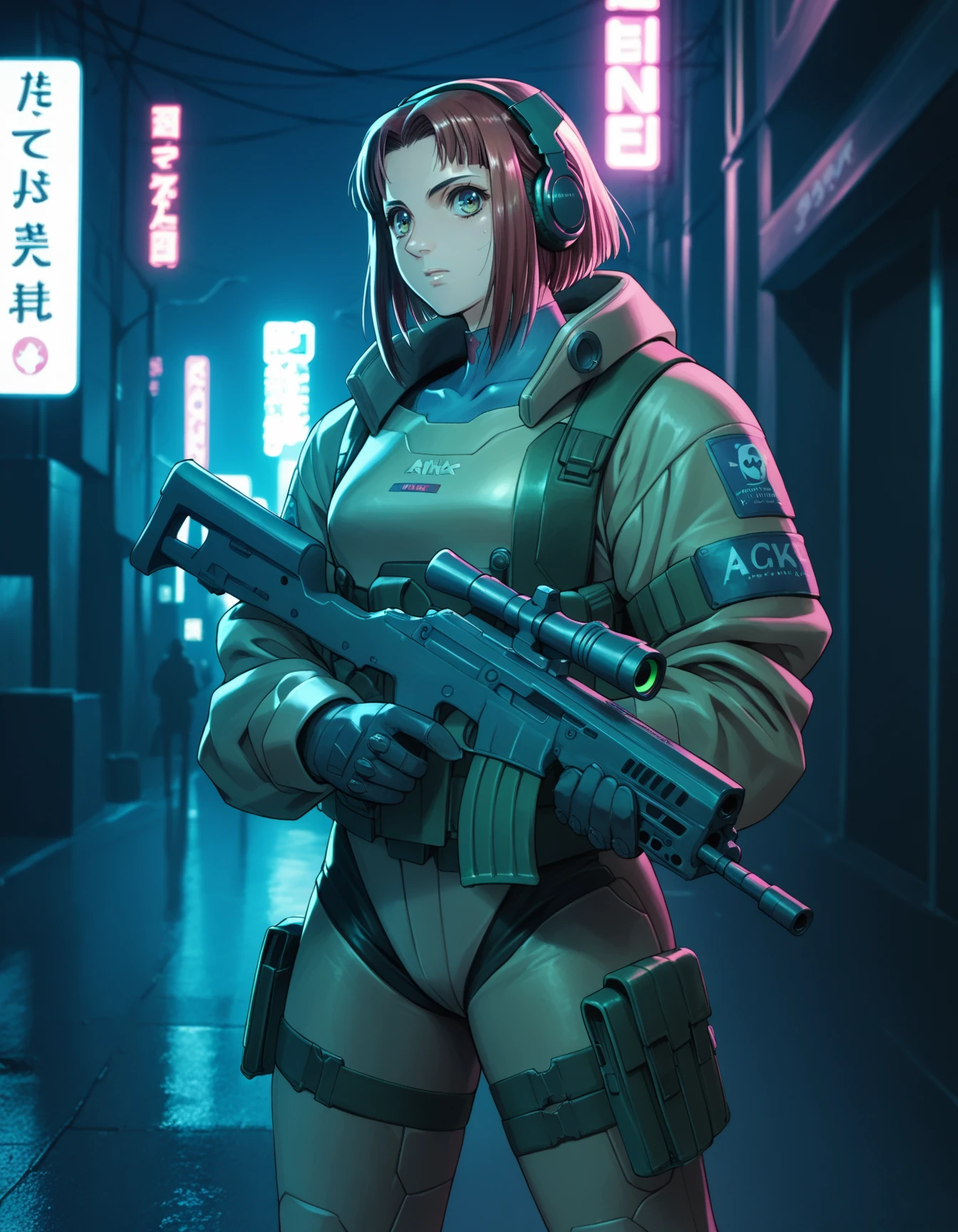 score_9,  score_8_up, score_7_up, <lora:peridot-voice-ponyxl-000022:0.8> minako, gloves,
cyberpunk, power armor, headphones, assault rifle, cyberpunk, street, night, neon signs, bokeh, side lighting