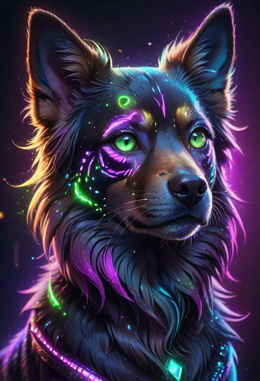 Pop Art, neonpunk style a dog with glowing green eyes  . cyberpunk, vaporwave, neon, vibes, vibrant, stunningly beautiful, crisp, detailed, sleek, ultramodern, magenta highlights, dark purple shadows, high contrast, cinematic, ultra detailed, intricate, professional, vivid colors, flat color, 2D, strong lines, Pop Art