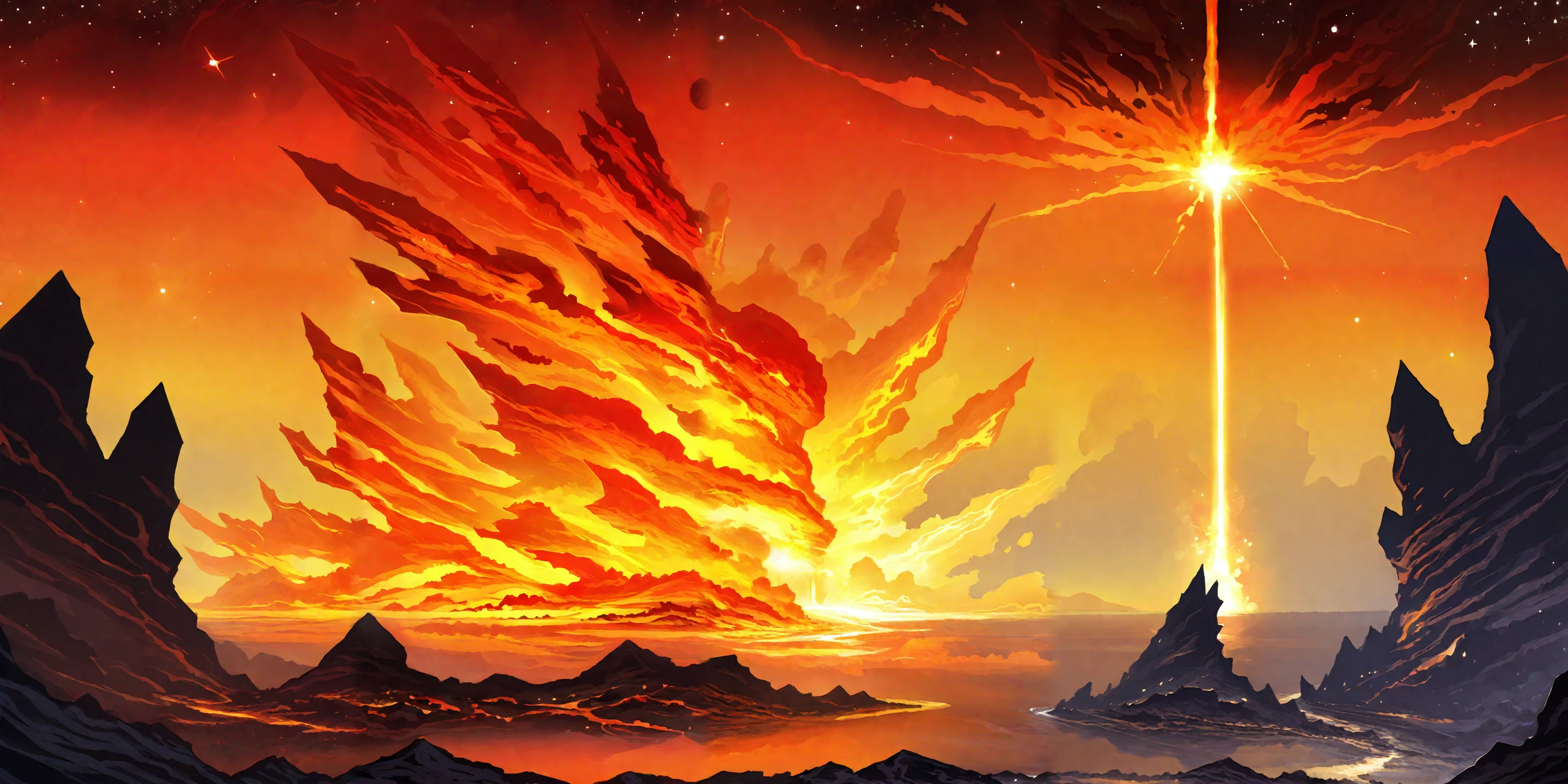 A surreal landscape where a vibrant sunset sky fades into a starry night, blending seamlessly with the reflection of an ocean that transitions from crystal-clear water into a deep abyss. Jagged icebergs contrast with molten lava flows, all connected by ethereal mist and glowing embers that float through the scene. The horizon blurs where the sky meets the ocean, with soft light transitioning into darkness, sunset_sky, starry_night, ocean_reflection, crystal_water, deep_abyss, icebergs, molten_lava, ethereal_mist, glowing_embers, contrast, blend, cinematic (blending:1.4), (contrast:1.3), (surreal:1.2)(top_down_view:1.4), (scale:1.2), (depth:1.2)<lora:add-detail-xl:1> <lora:Test:0.8> <lora:detailed_notrigger:1> <lora:Feng_Zhu_Style:1.5> <lora:JuggerCineXL2:1>