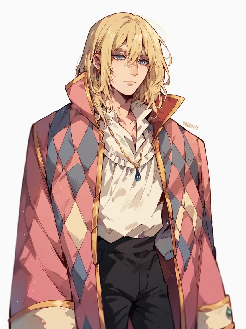 score_9, score_8_up, score_7_up, score_6_up, score_5_up,   <lora:HowlXLP:1> howl, solo, 1boy, blue eyes, blonde hair, jacket on shoulders, jewelry, white background,