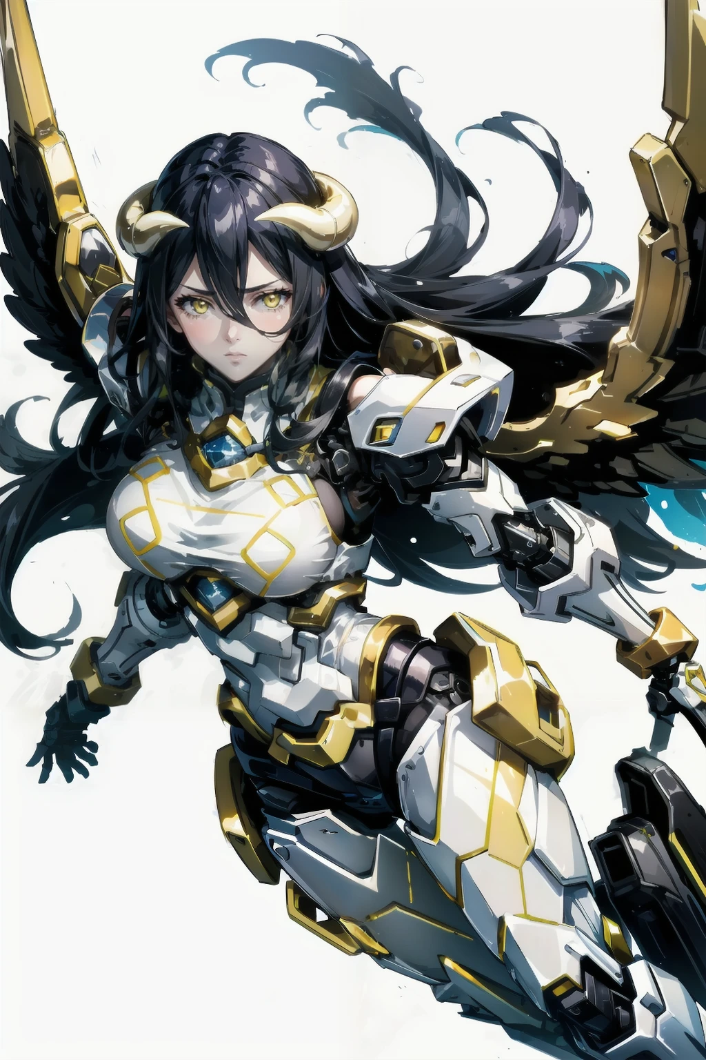 1girl, albedo, <lora:albedo-03:1>, albedo \(overlord\), cyborg, large breasts, horns, yellow eyes, white background, mechanical arms, mechanical wings, <lora:AMechaSSS[color_theme,mecha musume, mechanical parts,robot joints,headgear]:1>