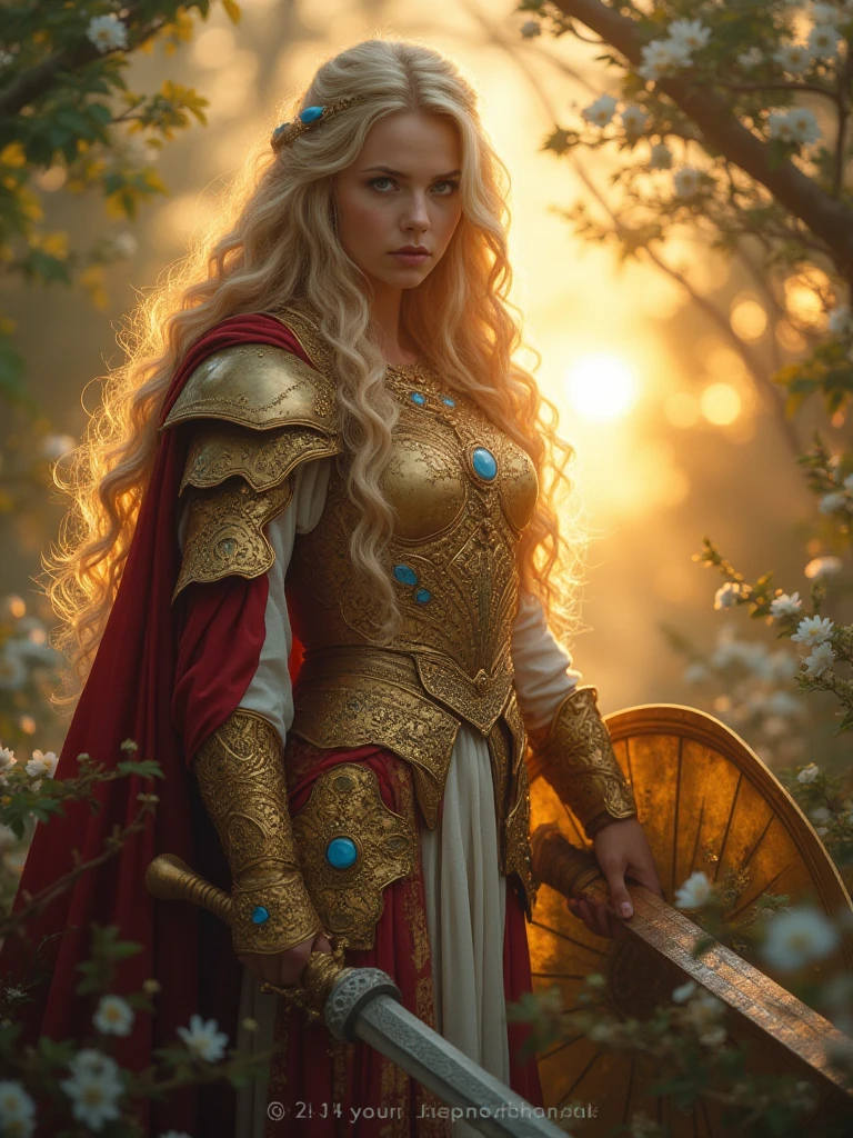 A majestic warrior princess, forged in ancient battles, with blonde hair and light green eyes, stands amidst a blooming forest at dusk. The setting sun's rays illuminate her golden armor, adorned with precious gems, red, and light blue details, as she holds a diamond and gold shield in her left hand and wields a sword in her right, its blade shimmering with pure magic. Her piercing gaze completes this breathtaking scene.