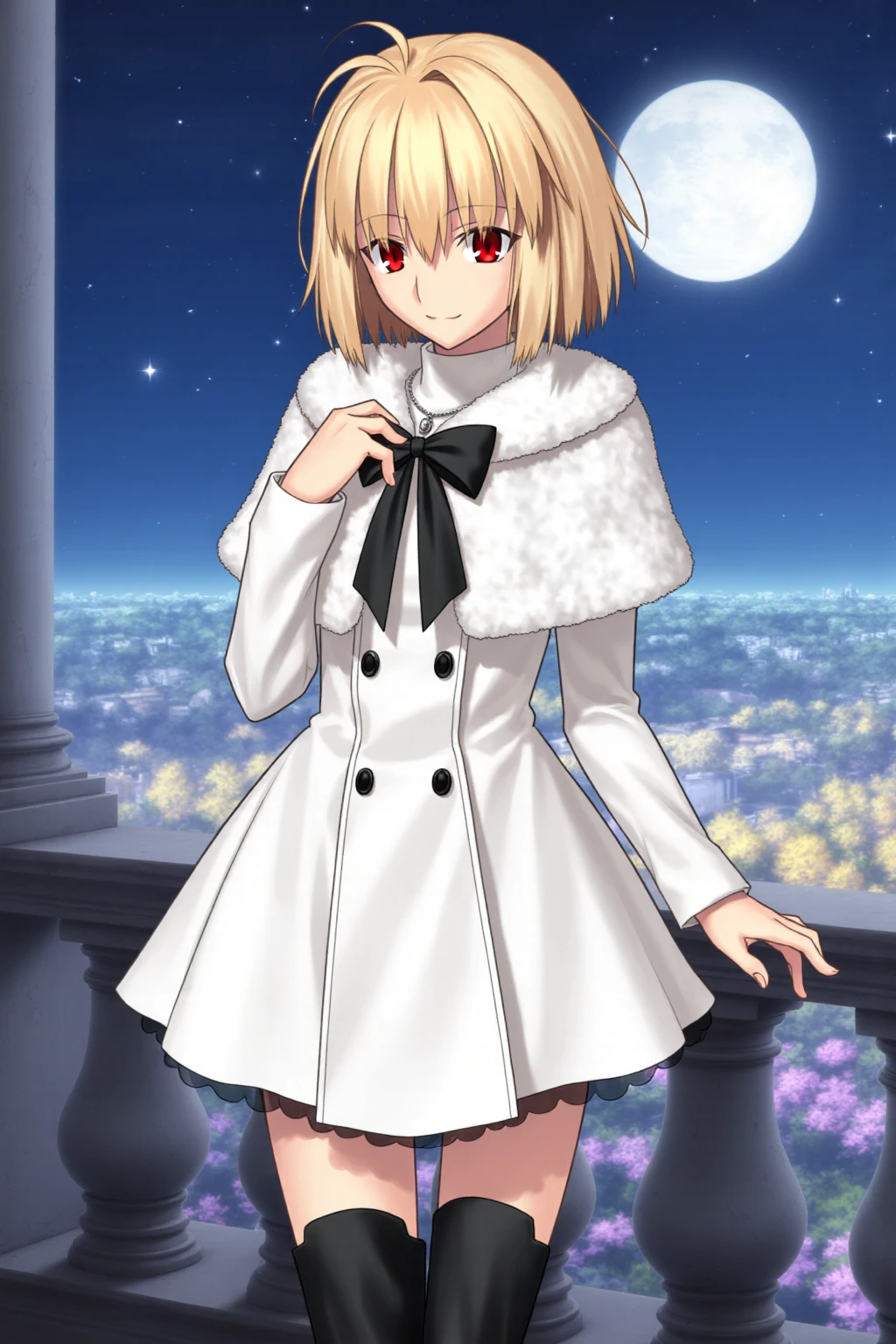 [INFO FOR CIVITAI USERS (don't include this on real prompt lol): Scheduler BETA, Distilled cfg 5, Lora Weight 1.0] Arcueid, coatarc, 1girl, solo, short hair, bangs, blonde hair, red eyes, slit pupils, long sleeves, ahoge, white coat, white fur capelet, big black bow, black buttons, black thighhighs boots, necklace, turtleneck, hair intakes, antenna hair, silvery necklace, full body. Arcueid stands serenely under the soft, ethereal glow of the moon, her slender figure silhouetted against a breathtaking night sky. The gentle, lunar light casts an enchanting radiance on her face, illuminating her delicate features and accentuating her striking beauty. Her eyes sparkle like diamonds, shining brightly with a soft, dreamy quality, as if lost in thought. A subtle, enigmatic smile plays on her lips, adding an air of mystery to her already captivating presence. Her pose is elegant and refined, with one hand raised to her chest, as if cradling a precious treasure. The other hand rests lightly on the balustrade of a grand, moonlit balcony, the intricate stone carvings of which seem to fade into the shadows. The night air is filled with the sweet scent of blooming flowers, and the sound of distant, softly chirping crickets provides a soothing background melody. Behind her, the night sky is a kaleidoscope of colors, a breathtaking canvas of deep blues, purples, and golds, with the moon hanging low and full, casting a silver glow over the landscape. The stars twinkle like diamonds scattered across the velvet expanse, adding a touch of magic to the already enchanting atmosphere. The overall effect is one of serene, moonlit beauty, with Arcueid standing as a captivating, shining jewel at its center, radiating a sense of peaceful wonder and enchantment.