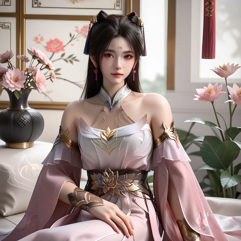 score_9,score_8,score_7_up,mengkeer,looking at viewer,<lora:ponymengkeer15v:1>,light pink chinese clothes,collar,off-the-shoulder sleeves,gold arm bands,gold belt that features a stylized lotus flower,gold wrist support,