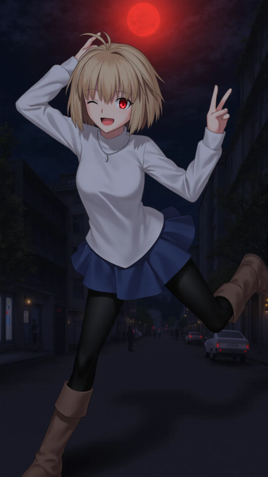 [INFO FOR CIVITAI USERS (don't include this on real prompt lol): Scheduler BETA, Distilled cfg 4, Lora Weight 0.8] Arcueid, normalarc, 1girl, solo, short hair, bangs, blonde hair, red eyes, slit pupils, long sleeves, ahoge, blue miniskirt, black pantyhose, brown knee boats, necklace, white sweater, turtleneck, hair intakes, antenna hair, turtleneck sweater, silvery necklace, full body. Arcueid stands confidently in the night, her figure mostly veiled in shadows, illuminated by the faint glow of a red moon above. She strikes a lively, flirtatious pose, leaning slightly forward with one leg bent at the knee, lifting her foot behind her. One hand is lifted, forming a peace sign near her head. Her smile is wide and mischievous, and she gives a playful wink. The camera captures her from a low angle, making her appear larger-than-life against the dark urban backdrop, where her glowing red eyes stand out, adding a striking contrast to the moody, nighttime atmosphere.