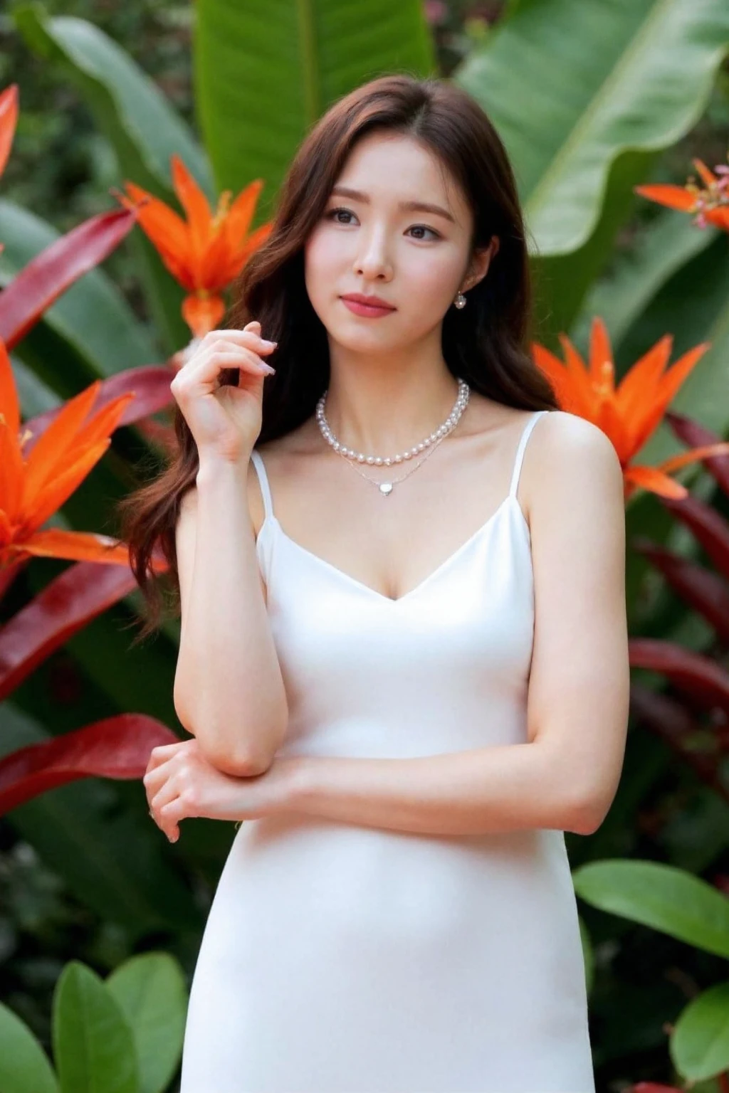 The image shows a young asian woman standing in a lush, botanical setting with a variety of vibrant plants and flowers surrounding her. She is wearing an elegant, silky white outfit, which appears to be a simple yet luxurious dress, paired with a layered pearl necklace, adding a touch of sophistication. Her hair is neatly styled, and she has a soft, thoughtful expression as she gently touches her hair. The background is filled with colorful and exotic plants, including bright red and orange flowers, giving the image an ethereal, almost dreamlike quality. The combination of her serene pose and the natural elements creates a harmonious, elegant, and tranquil atmosphere..,<lora:flux_realism_lora:1>, . <lora:makinaflux_shinsekyung_v1.0:1>