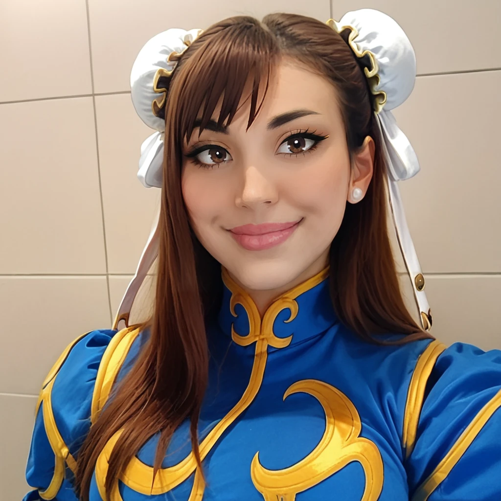 <lora:Pony_Missy_Le:1>,m1ssyl3fg, 1girl, solo, brown hair, brown eyes,  looking at viewer, long hair, upper body, bangs, long sleeves, closed mouth, lips, chun-li outfit, cosplay, large breasts, smile