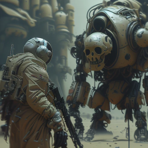 there is a blurry Mech in the background with a hunter in the right foreground, there is a mech with a skull shaped head in the desert there is a hubnter in the left foreground, there is a yellow mech, debris