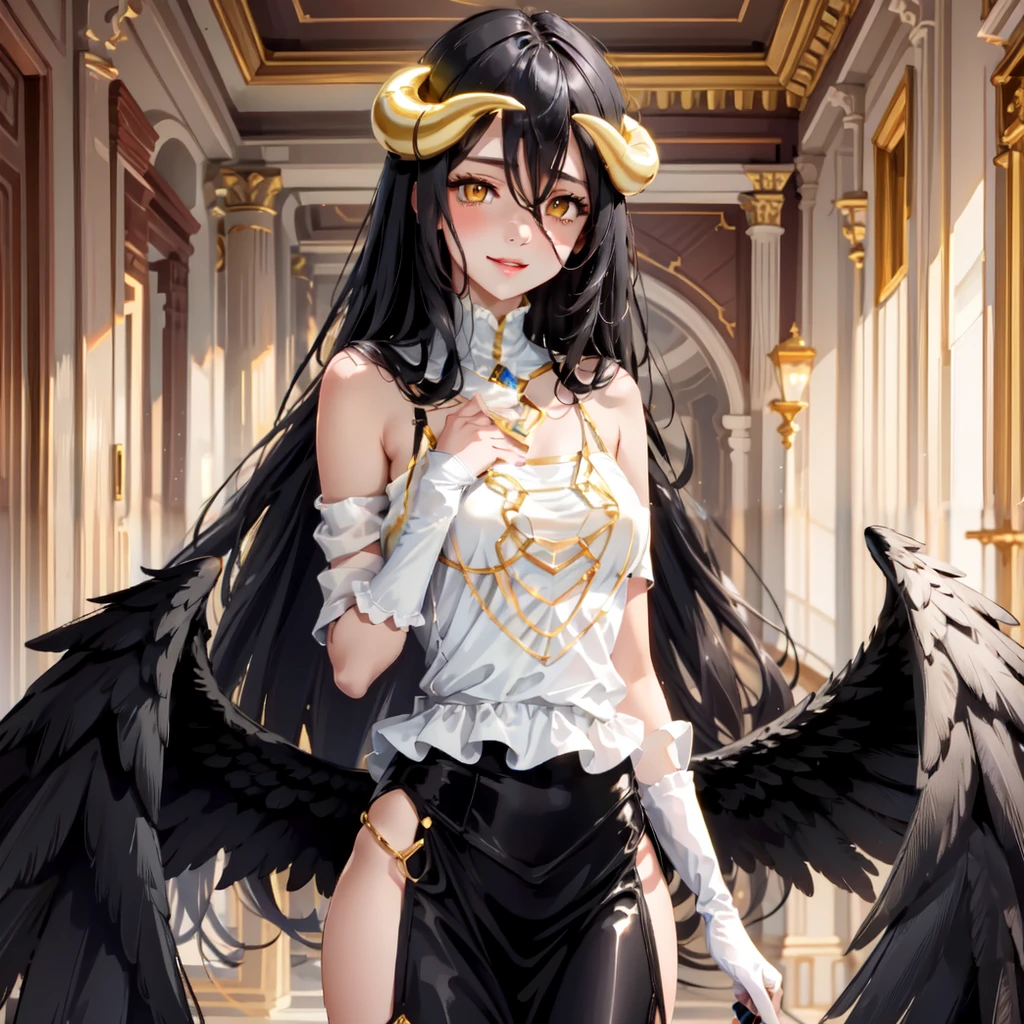 albedo, 1girl, solo, long hair, looking at viewer, smile, gloves, dress, hair between eyes, bare shoulders, medium breasts, very long hair, standing, cowboy shot, parted lips, wings, elbow gloves, indoors, white gloves, hand up, white dress, detached collar, demon girl, slit pupils, hand on own chest, demon horns, feathered wings, black wings, low wings, hip vent, white horns, albedo (overlord), <lora:albedo:1>