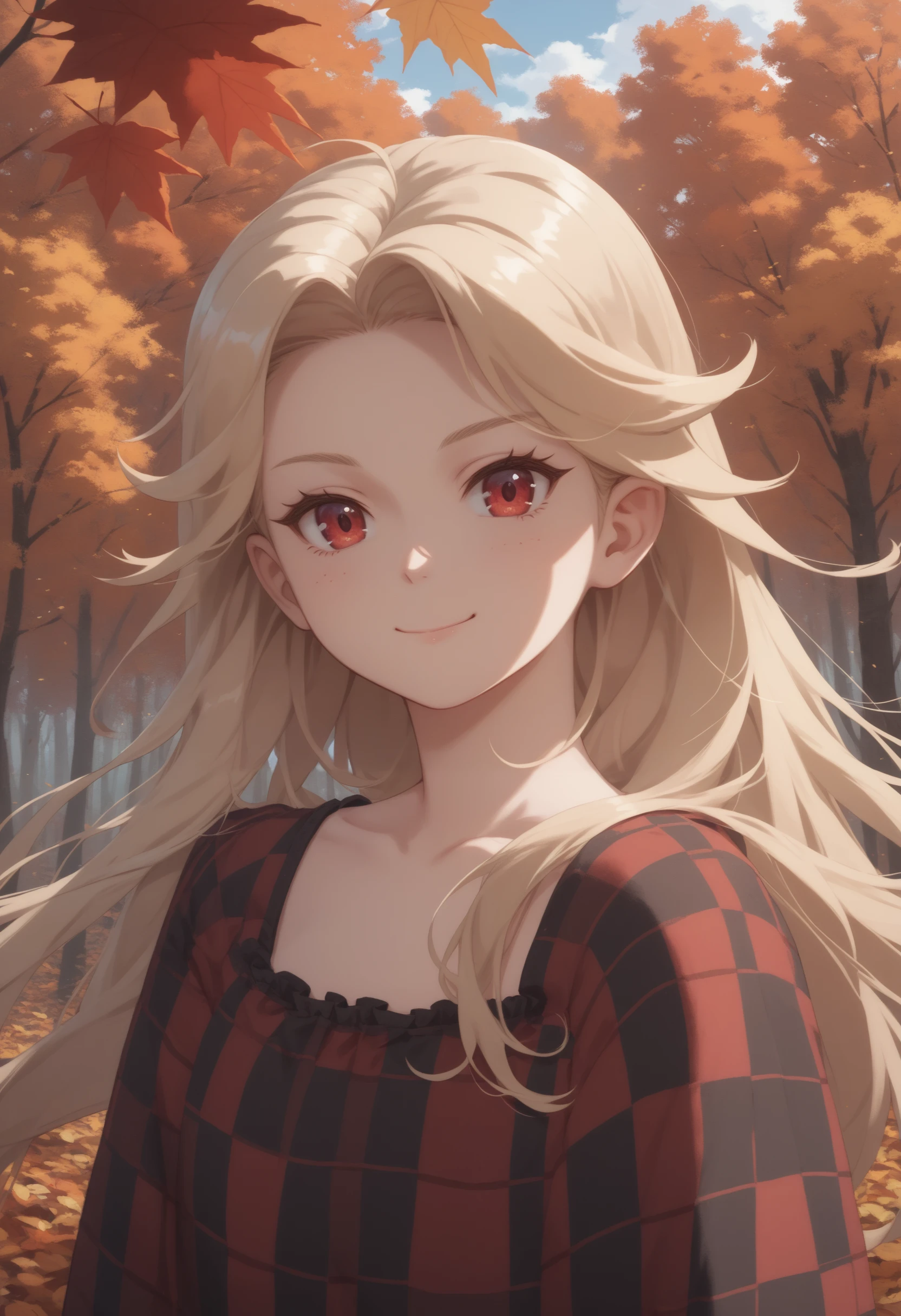 score_9, score_8_up, score_7_up, score_6_up, score_5_up, score_4_up, 1girl, close-up, red eyes, long hair, forest, sky, dress, looking at viewer, slight smile, checkered clothes, blonde hair, autumn,