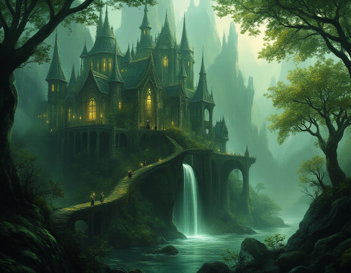 The image is a fantastical, highly detailed digital painting depicting an enchanted, mystical forest scene. The scene features an elaborate, sprawling castle-like structure nestled deep within a lush, verdant forest. The castle, with its intricate, multi-turreted design and glowing, warm-toned windows, seems to be illuminated from within, casting a soft, ethereal light on the surrounding foliage. The architecture is a blend of medieval and gothic styles, with steeply pitched roofs and pointed arches.
<lora:Fantasy_DnD_Illustration_Style:0.8> fantstyle