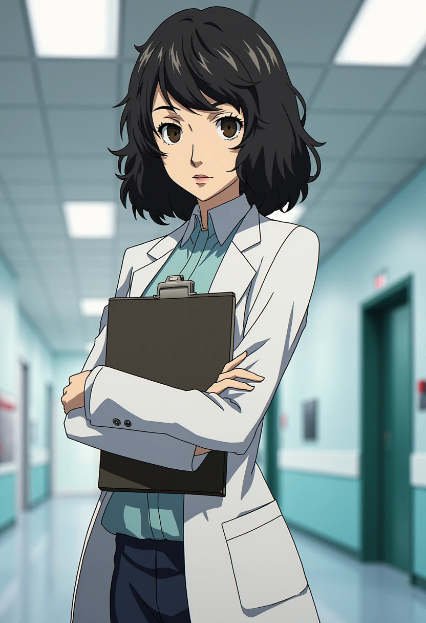 Anime style, sharp, high contrast and highly detailed. Ghibli anime style. Perfect anatomy. Perfect body ratio. No oversized head. No blurry, out of focus pictures. No simple background, no single color background. Small head.
sadayo_kawakami is wearing a labcoat, a shirt and a pencil skirt. She is standing in a modern hospital, holding a clipboard to her chest. She is looking at the camera with a professional yet slightly haughty, impatient look.
 <lora:Persona5_sadayo_kawakami_flux_1_2-000009:1>, full body.