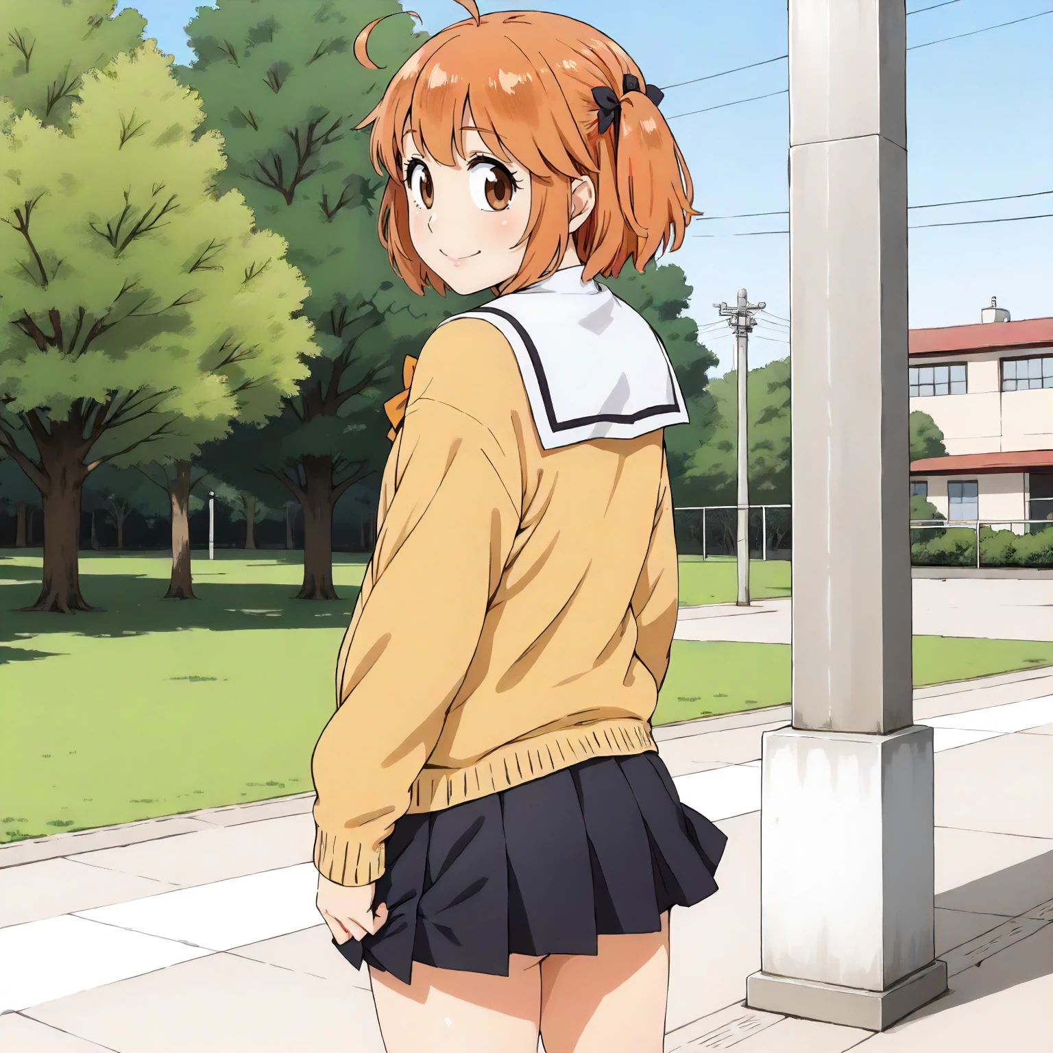 <lora:HiNO_MoeAshiharaXLpony002>,
outdoors,
smile,
solo,
MoeAshihara,1girl,orange hair,ahoge,two-side up,hair bow,brown eyes,
school_uniform,white sailor color,yellow cardigan,
black skirt,
standing,looking back,