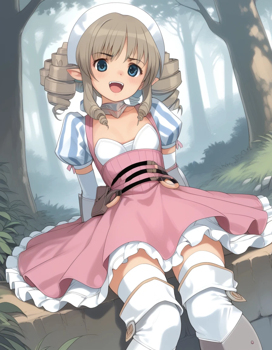 ymir_(queen's_blade), drill hair, blue eyes, pointy ears, brown hair, hairband, flat chest,
blue striped, elbow gloves, pink dress,puffy short sleeves ,frills, thighhighs, zettai ryouiki,greaves, thigh boots,
<lora:ymir_(queen's_blade)_pony_v1-000030:1>
sitting, dynamic pose ,
open mouth, blush,light smile
looking at viewer,(cowboy shot:1.2),
outdoors,forrest, score_9, score_8_up, score_7_up, best quapoty, highres, absurdres, source_anime, zPDXL3, 1girl,solo