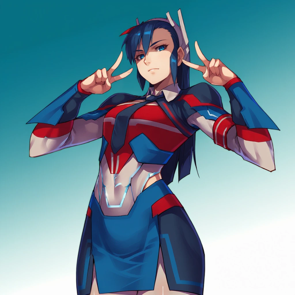 score_9_up, score_8_up, BREAK, UltraMagnus, 1girl, solo, blue hair, long hair, blue eyes, shirt, necktie, skirt, bracer, cowboy shot , <lora:UltraMagnus_cnmbwjx_PXL_Leaf1:1>, looking at viewer, gradient background, double v,