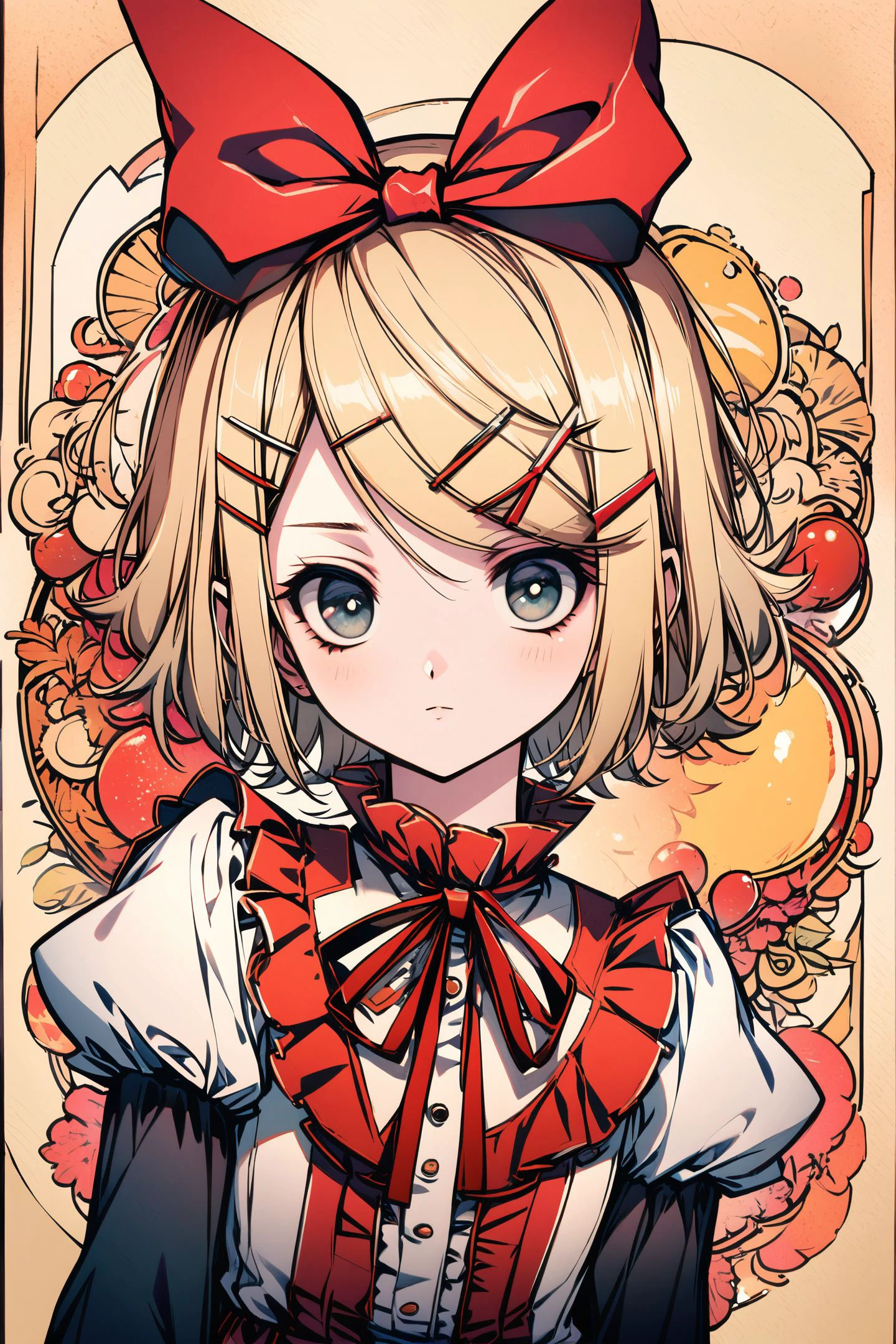 1girl, solo, kagamine rin, blonde hair, hairclip, hair ornament, short hair, ribbon, looking at viewer, upper body, hair bow, bow, puffy sleeves, expressionless, red ribbon, juliet sleeves, closed mouth, long sleeves
<lora:Old Fashioned Celluloid_XL:0.8>,