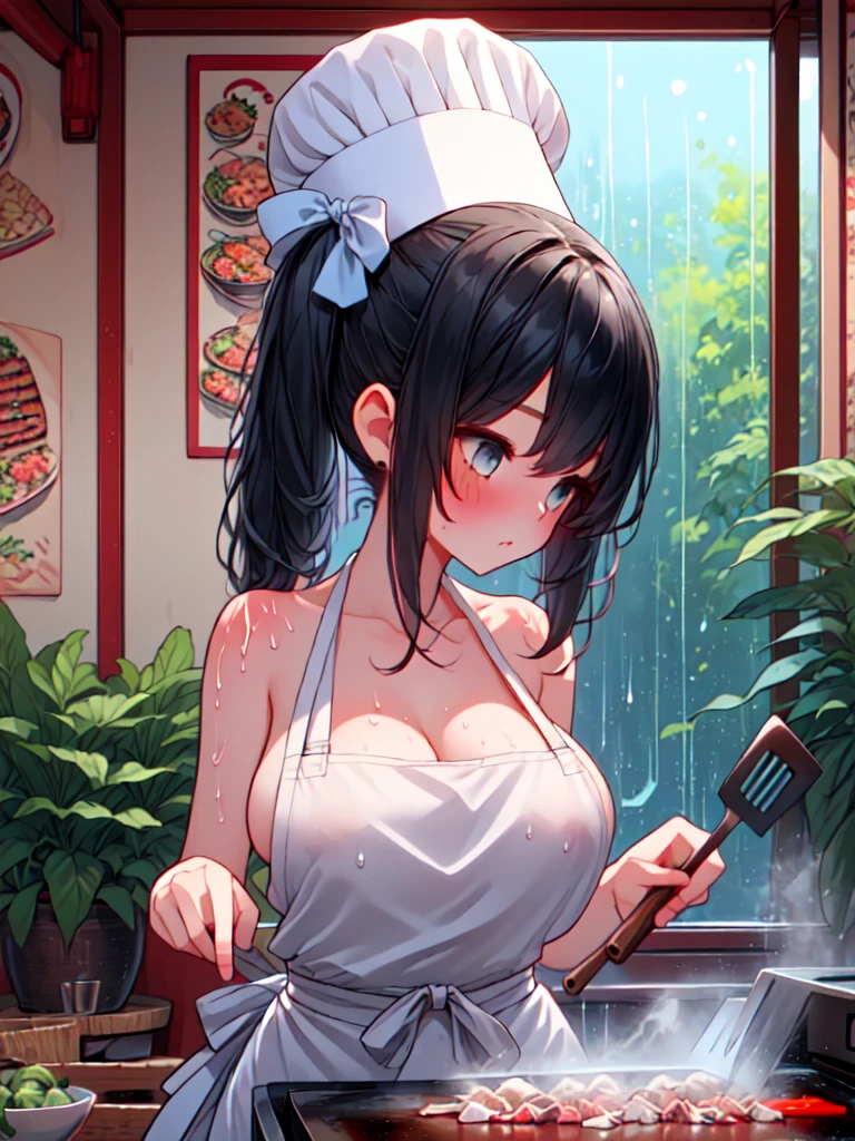 (((2girls, 1girl, a woman))), ((teppanyaki grilling)), [[sitting]], food on teppan, restaurant, leaning forward, holding, cooking, sideboob, sweat, nude apron, naked apron, twintails, sleeveless dress, strap camisole, potted plant, night, lamp, full body, profile, <lora:girlliketeppanyakigrilling:1>