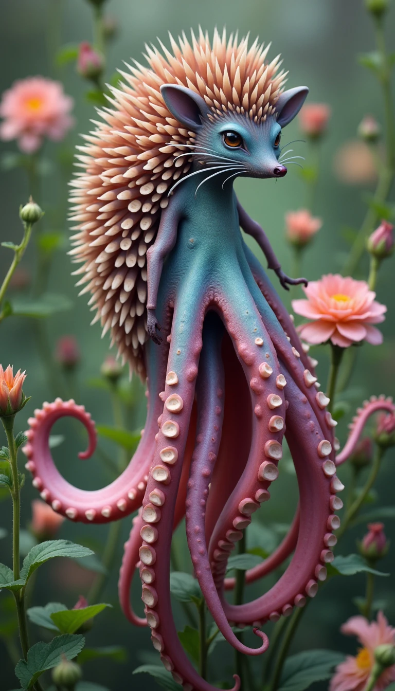 A realistic photo of a cephalopod Hedgehog hybrid.  The Cephalyra is in a garden, smelling the flowers. The Cephalyra´s tentacles are of the color Rose fading into the color Teal.