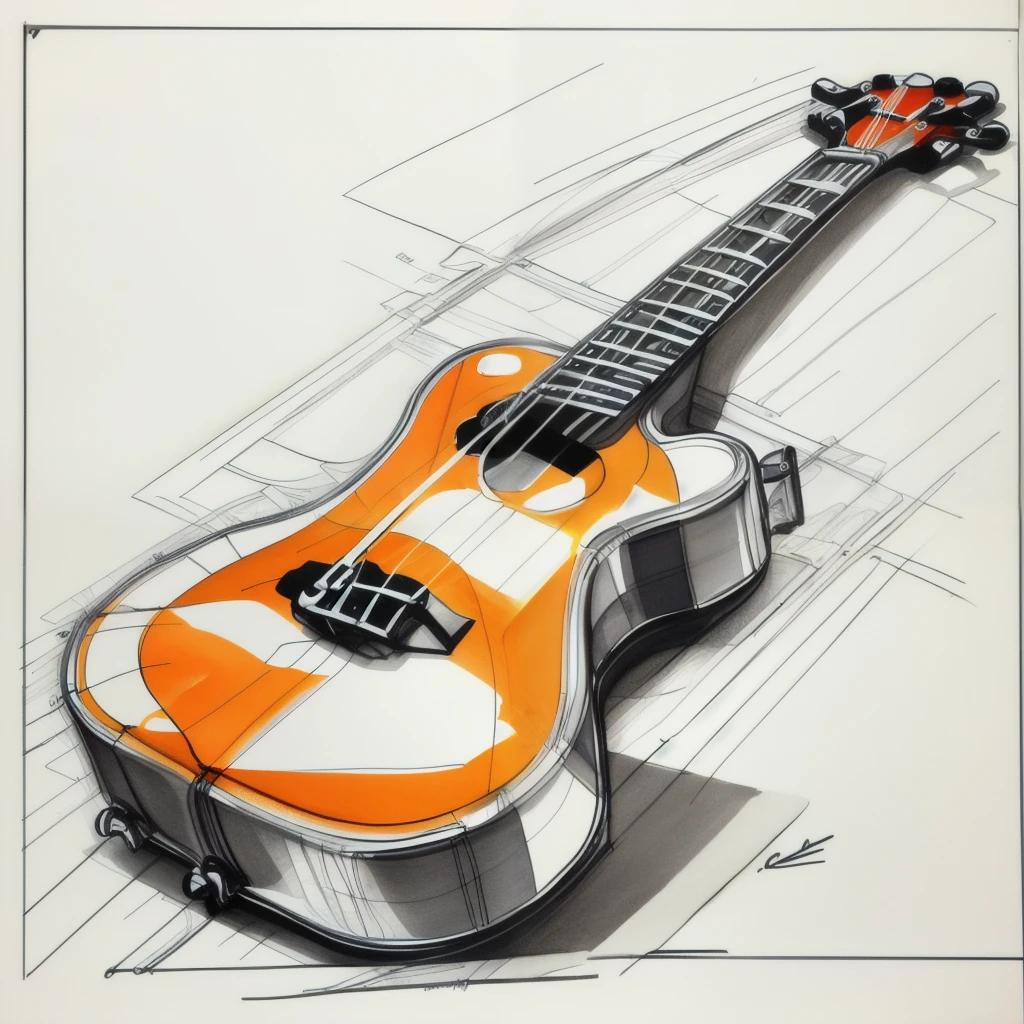 Industrial design sketch of a Ukelele, dynamic lines, rough, copic marker rendering