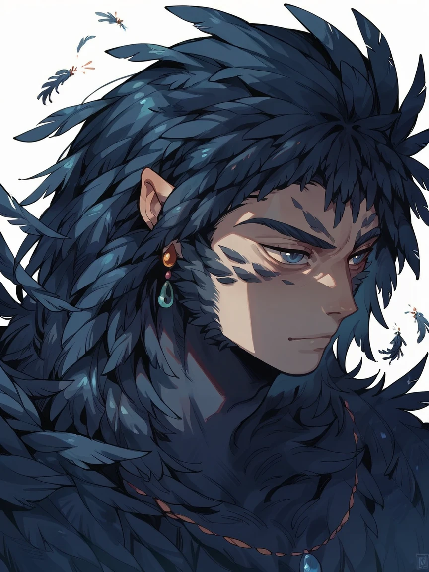 score_9, score_8_up, score_7_up, score_6_up, score_5_up,   <lora:HowlXLP:1> howl, solo, 1boy, blue eyes, black hair, jewelry, white background, feathers, portrait, monster boy