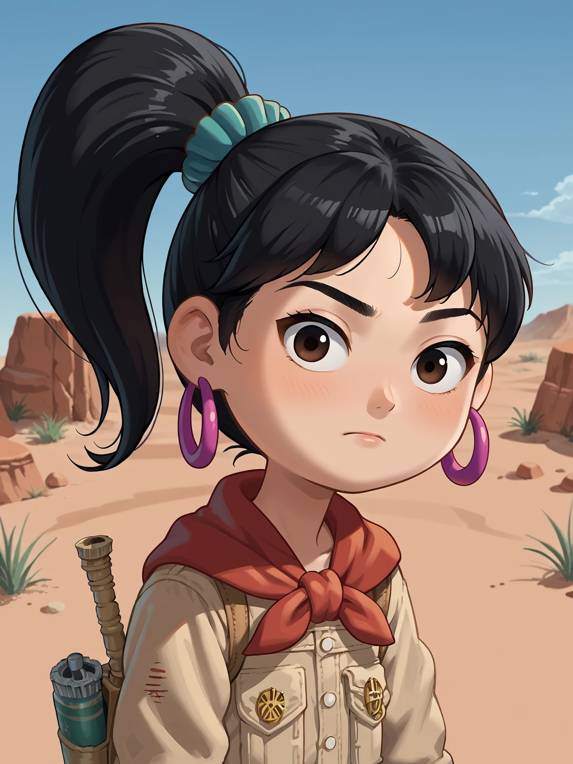 1girl, solo, <lora:Ellie (Sprite Fright):0.9> elliesf, black hair, ponytail, earrings
score_7_up, source_anime, looking at viewer
desert