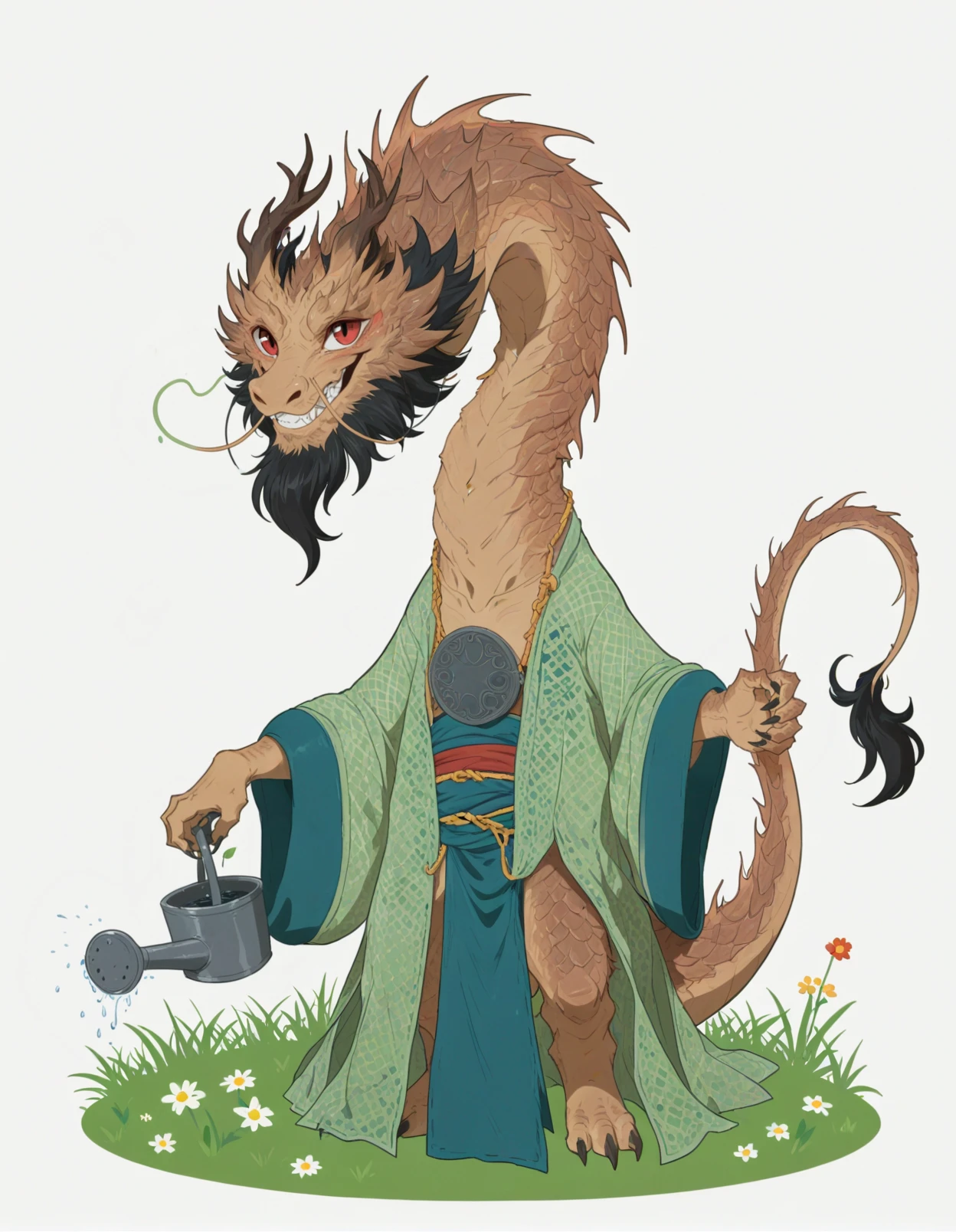 chenloong, eastern dragon, chibi, cute, toony, flat colors, cel shading, anthro, solo, male, beard,  happy, smile, green pattern robe, blue loincloth, round pendant, red eyes, grass, holding watering can, watering can, (white background:1.2), simple background, flesh whiskers, 
<lora:BlackMythChenLoong_seaart-1.0.1:1>