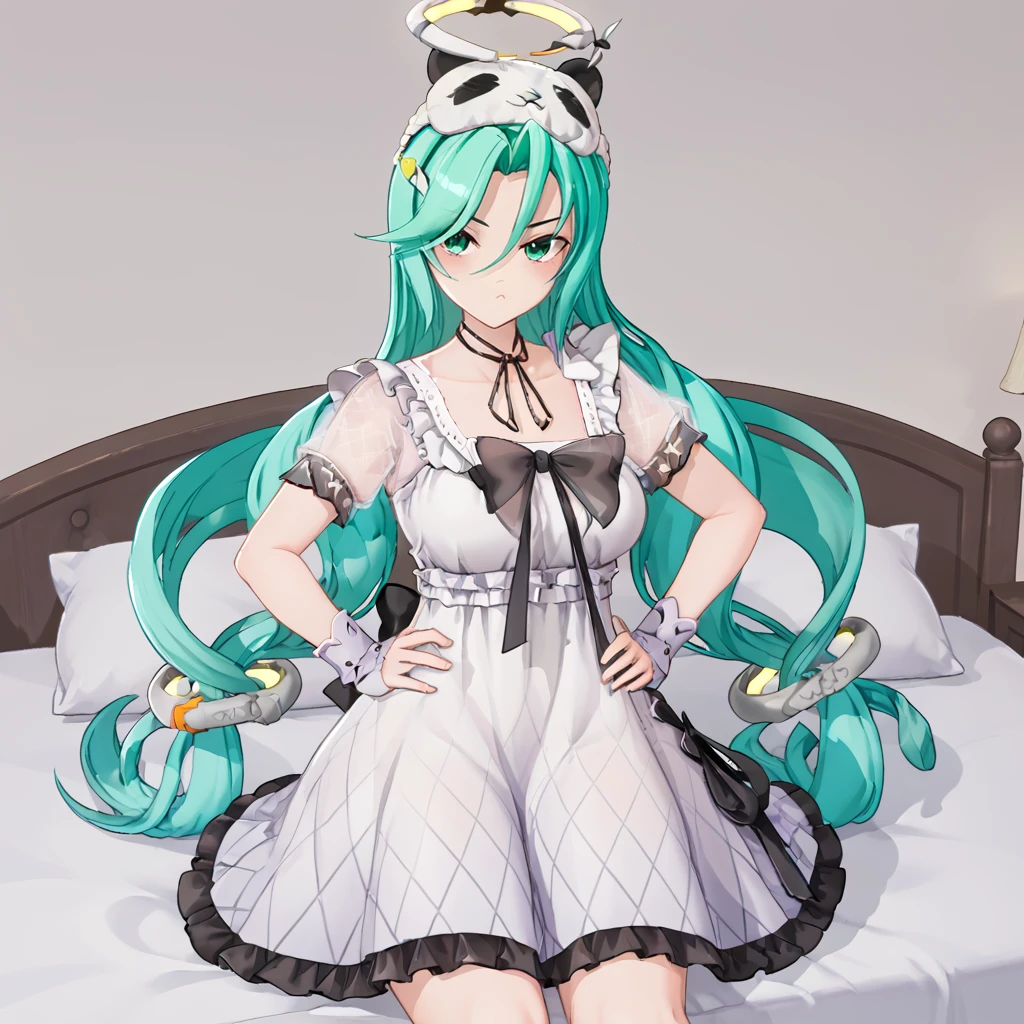 zPDXL3, 1girl, solo, camille, twintails, green eyes, bangs, aqua hair, very long hair, long hair, breasts, low-tied long hair, halo, yellow hairclip, dress, white dress, frilled dress, bow, black bow, frills, short sleeves, ribbon, see-through, mask on head,
looking at viewer, blush, indoors, (on bed:1.2), (sitting:1.1), pout, hands on hips,
<lora:Camille_r2:0.8>