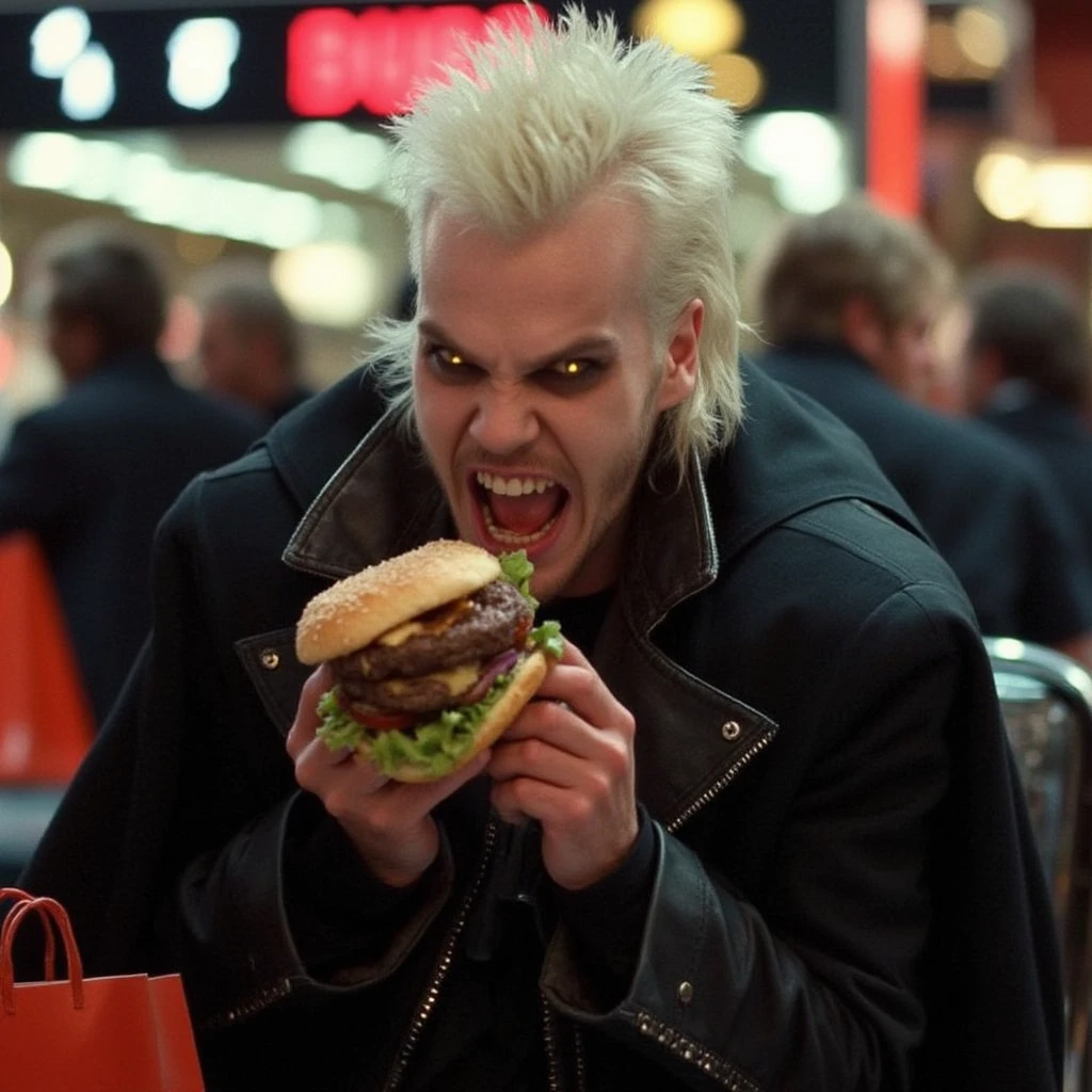 Cinematic, full body shot, taken with panavision, of evil Vampire eating a burger in the food court in the mall, he's tired of shopping and very angry, he's wearing his 80s vampire gothic attire, and is carrying many shopping bags, annoyed by the people all around the mall he is angry and wants to get the best offers first. He has his distinctive looks of blonde platinum hair and evil grin, yellow vampiric eyes.