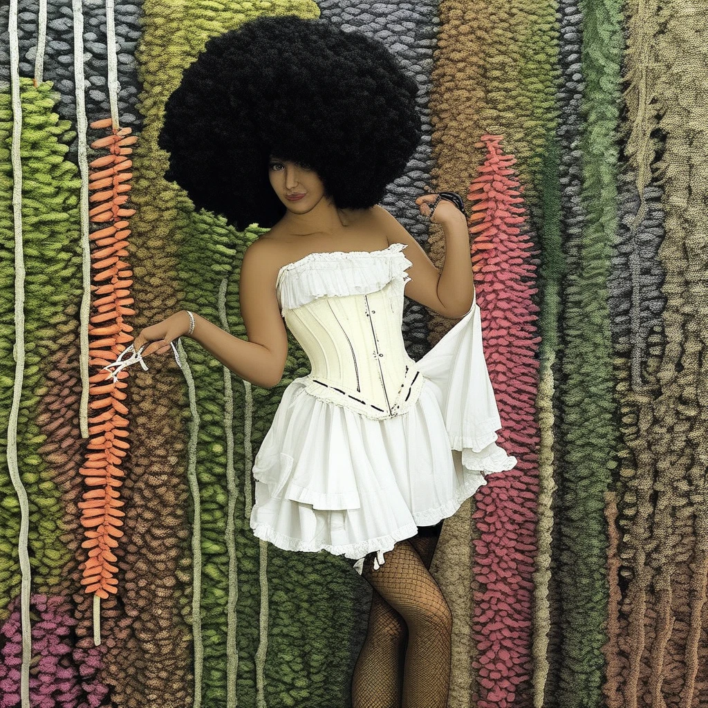ring, flower, fishnet pantyhose, Corset covers, white dress, Thighhighs, afro, Frilly, Coral, scissors
