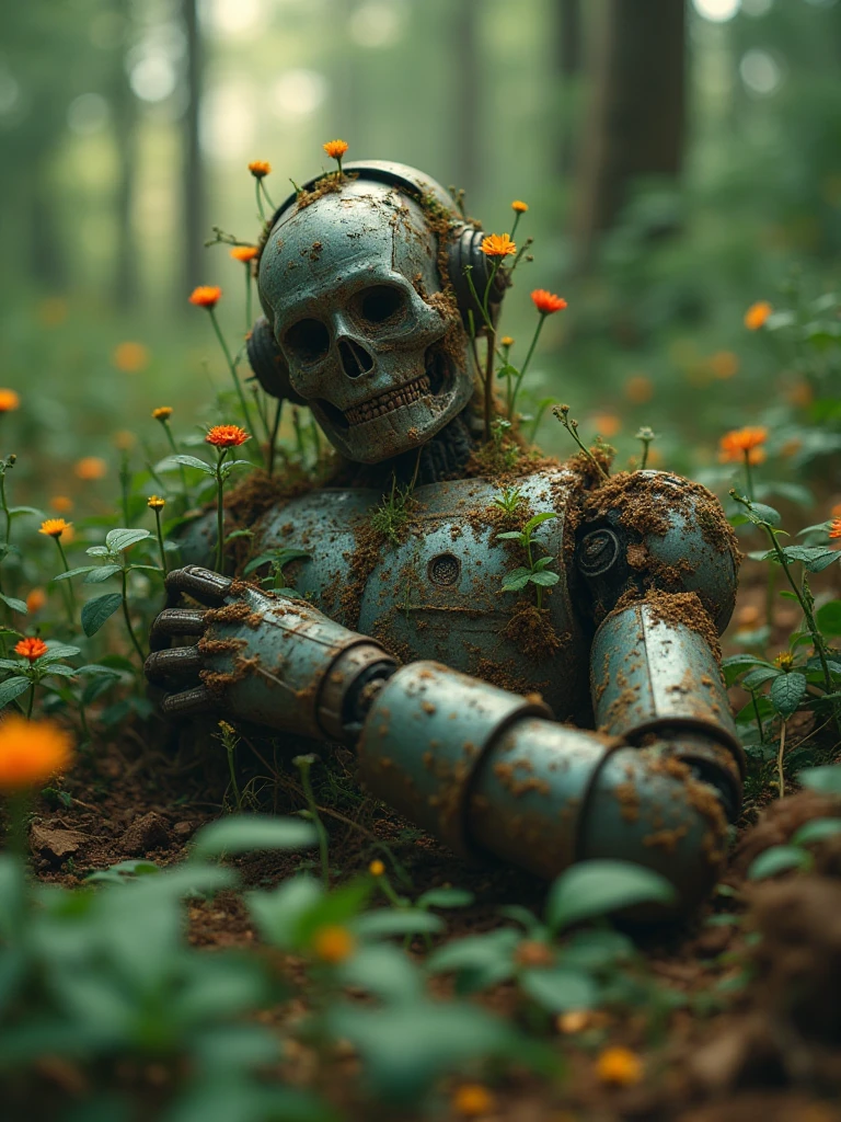 a dead old and rusty body of a robot lying in the forrest, plants and flowers grow out of the body of robot, depth of field, bokeh effect, ultra realistic, cinematography, hyper detailed, absolute realism
