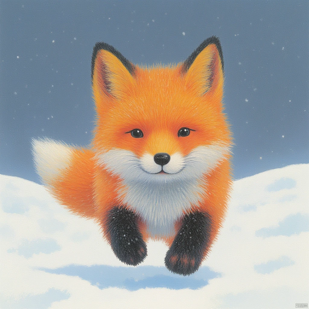 A little fox with a feathery tail running through the snow is incredibly charming, fluffy, dreamy_fantasy.