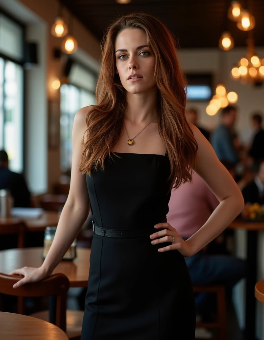 <lora:Kristen_Stewart_Flux:1> This is a high-resolution photograph of a woman standing in a cafe, brown hair cascading over her shoulders, wearing a chic black dress, looking at the viewer