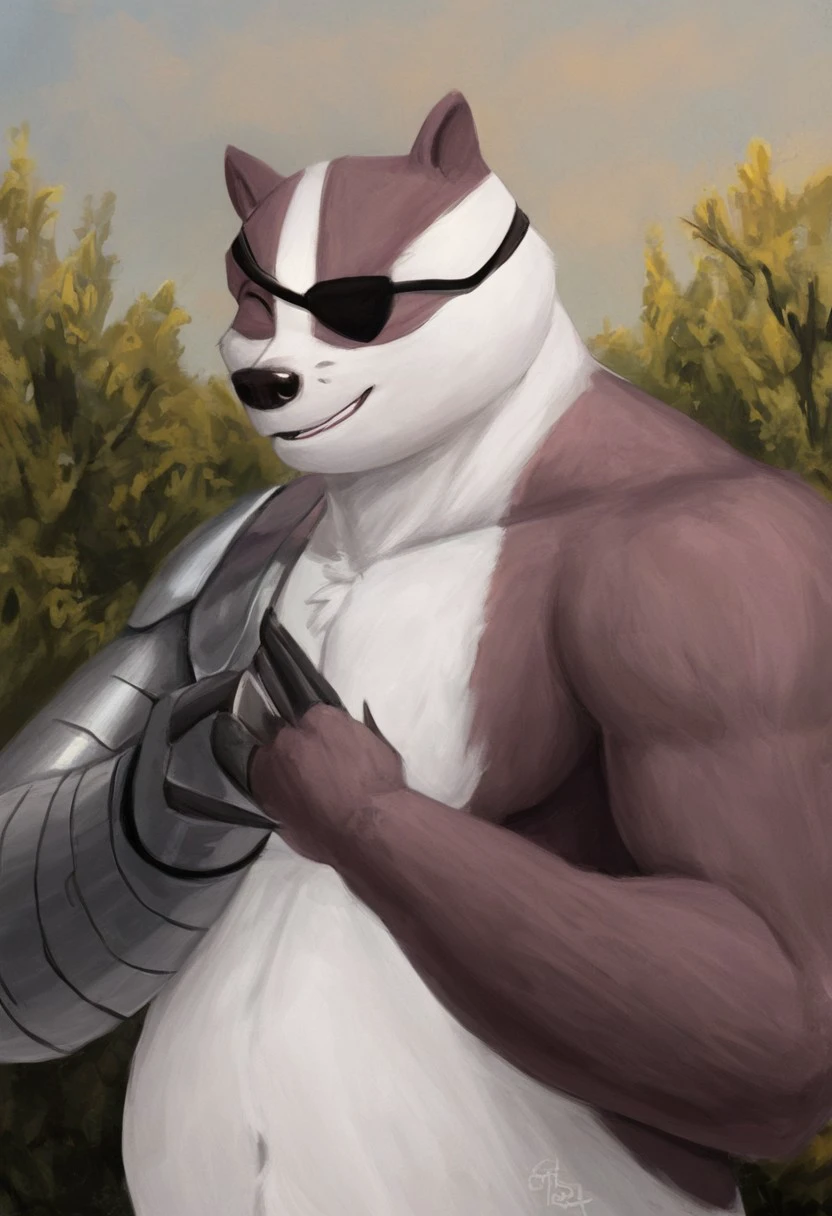 Badgerclops[MM], Badgerclops[MAOMAO], badger, animal ears, animal nose, eyepatch over left eye, robotic right arm, robotic arm, eyepatch, white body, white fur, brown face pattern, brown face marking, brown body markings, brown body patterns, (Male Anthro badger:1.5)
Solo, alone, by himself, 1boy, male.
naked, nude, 
bara, bara body, muscles. (bara body), (white body:1.1),
HD, digital painting, digital art, masterpiece.
Headshot, head focus, close to face, closeup, bustshot.
Happy emotion, happy. 
Outside, battlefield, ww1. (outside:1.1) 
HD, digital painting, digital art, masterpiece ((headshot)), digital drawing (artwork), digital media (artwork), hi res.  negative_hand. PLNA[Style], Art by PLNA[Style], furry, furry art, cartoon like, anthro,