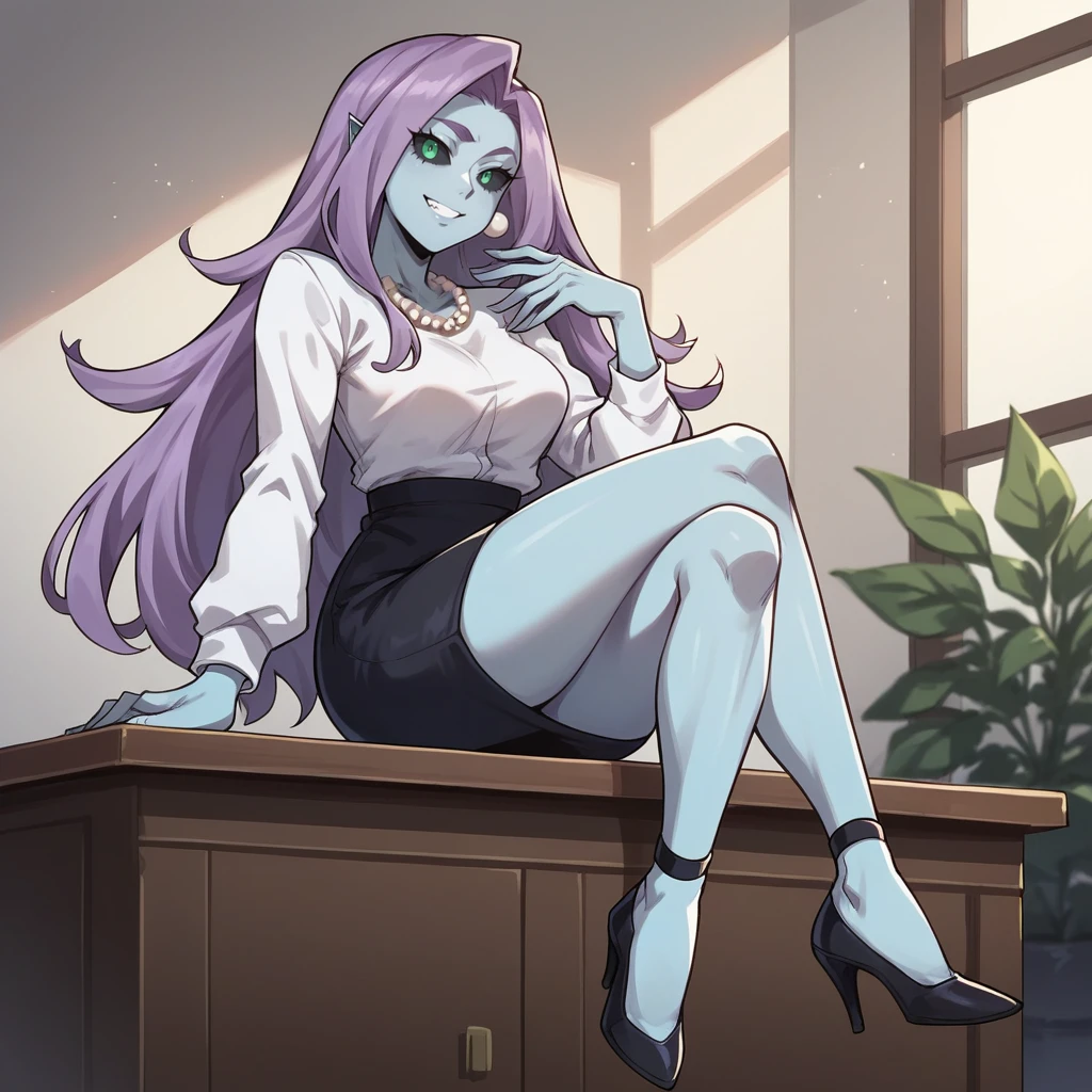 score_9, score_8_up, score_7_up, score_6_up, score_5_up, score_4_up, zPDXL2,source_anime,rating_questionable, 1girl, solo, indoors,  smile, <lora:Curious_BNHA:0.8> Curious_BNHA, purple hair,green eyes, black sclera, blue skin, long hair, black pencil skirt, white blouse, pearl necklace, twirling hair, heels, sitting on desk, legs crossed