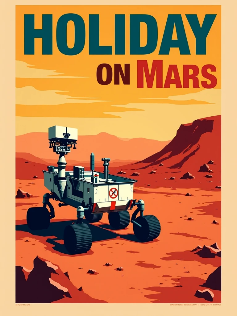 Travel Poster. Print  "Holiday on Mars". Mars rover.

vntgtrvlpstrCE style