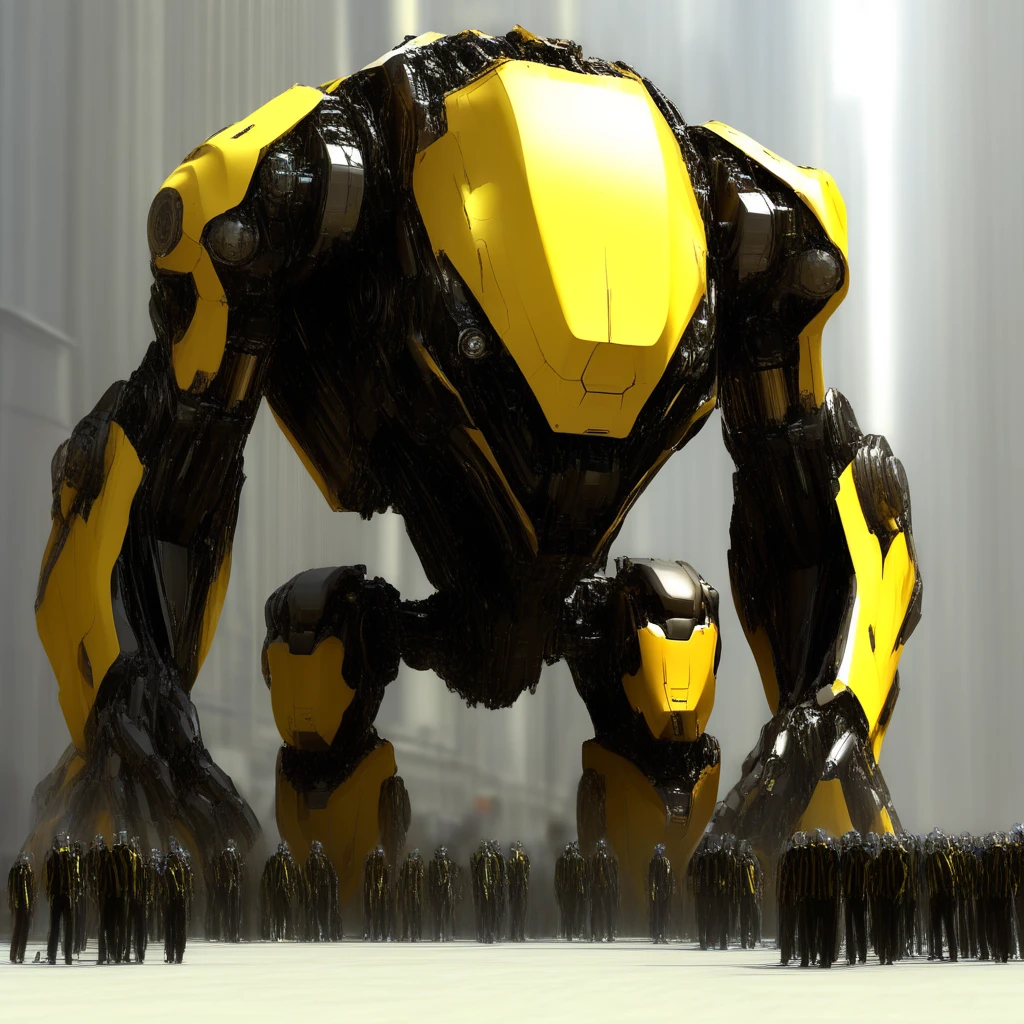 there is a mech with a head in the city, people, yellow & black, there is a mech in the factory