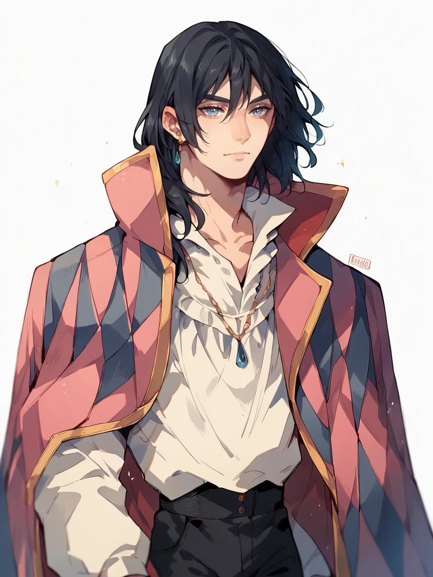 score_9, score_8_up, score_7_up, score_6_up, score_5_up,   <lora:HowlXLP:1> howl, solo, 1boy, blue eyes, black hair, jacket on shoulders, jewelry, white background,