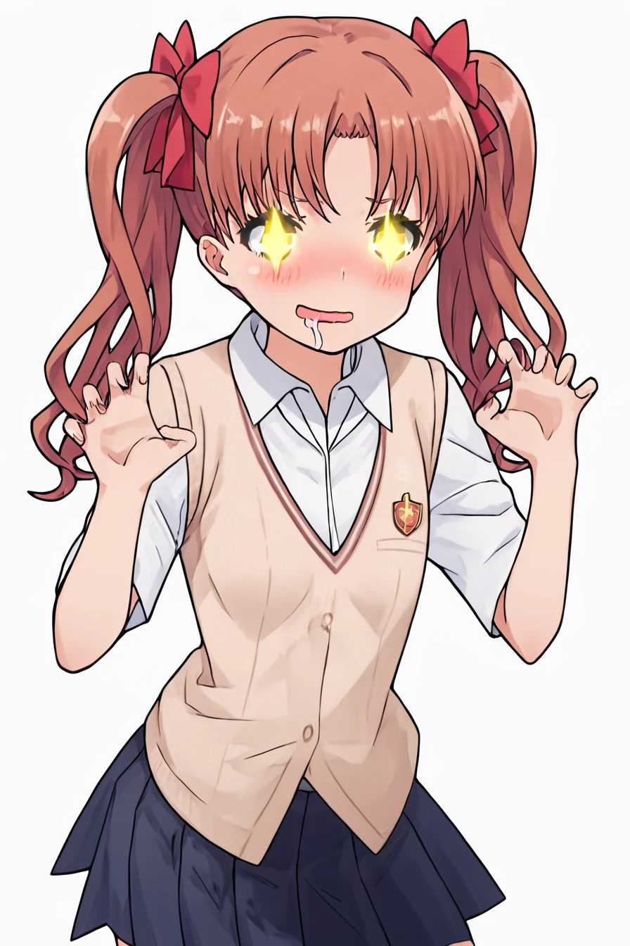 score_9, score_8_up, score_7_up, score_6_up, score_5_up, score_4_up,  <lora:kuroko-shirai-s3-ponyxl-lora-nochekaiser:0.8>, kuroko shirai, brown hair, long hair, parted bangs, ringlets, twintails, hair bow, bow, red bow, armband, black skirt, collared shirt, dress shirt, pleated skirt, safety pin, school uniform, shirt, short sleeves, skirt, summer uniform, sweater vest, tokiwadai school uniform, twintails, white shirt, brown sweater vest, 1girl, alone, <lora:Pervert_face_and_pose:1>,+ +, glowing eyes, claw pose, mouth drool, blush, alone, masterpiece, highres, highly detailed face, white background, simple background,