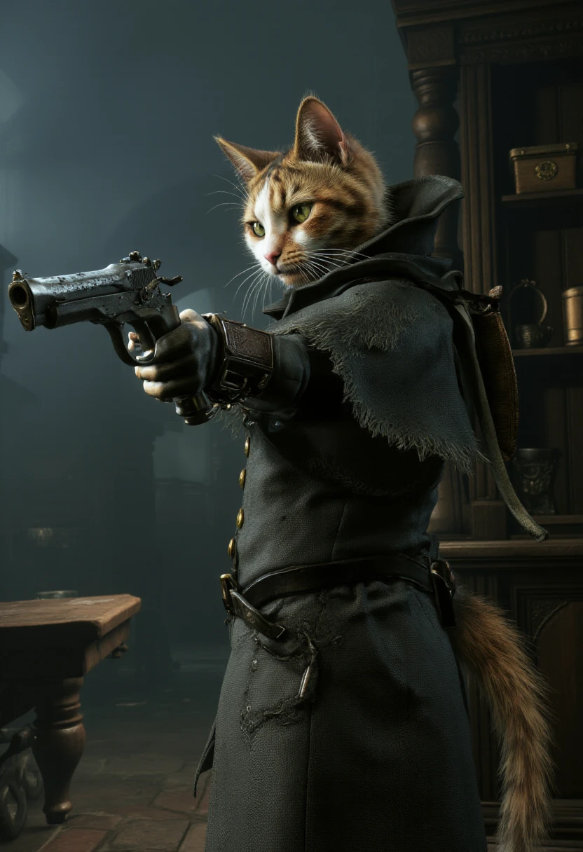 <lora:Bloodborne_Style_FLUX:1> bbstyle, a cat aiming a pistol at the viewer