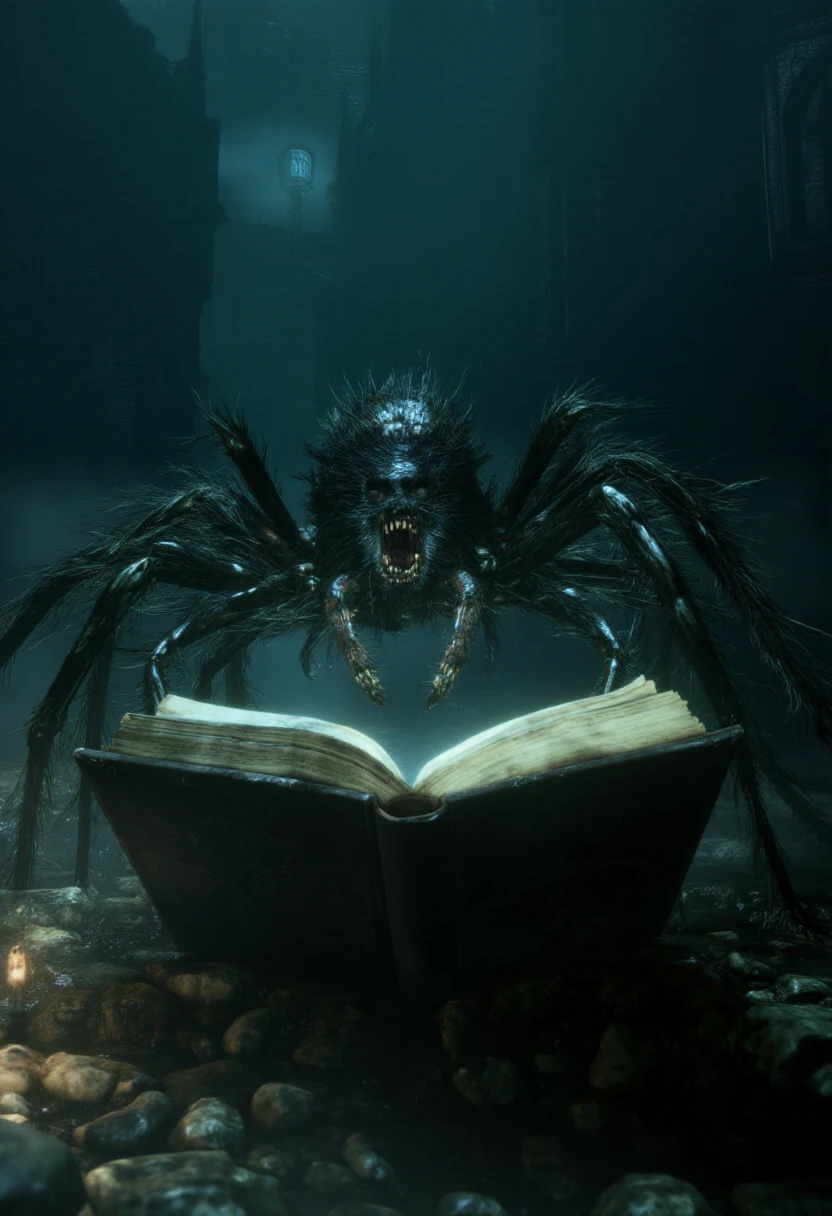 <lora:Bloodborne_Style_FLUX:1.2> bbstyle, horror theme,  a spider reading a book