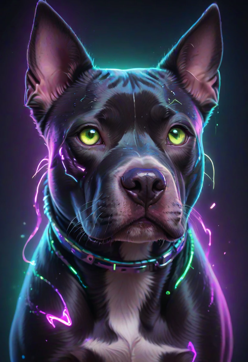 Pop Art, neonpunk style a pit bull dog with big ears and  glowing green eyes  . cyberpunk, vaporwave, neon, vibes, vibrant, stunningly beautiful, crisp, detailed, sleek, ultramodern, magenta highlights, dark purple shadows, high contrast, cinematic, ultra detailed, intricate, professional, vivid colors, flat color, 2D, strong lines, Pop Art