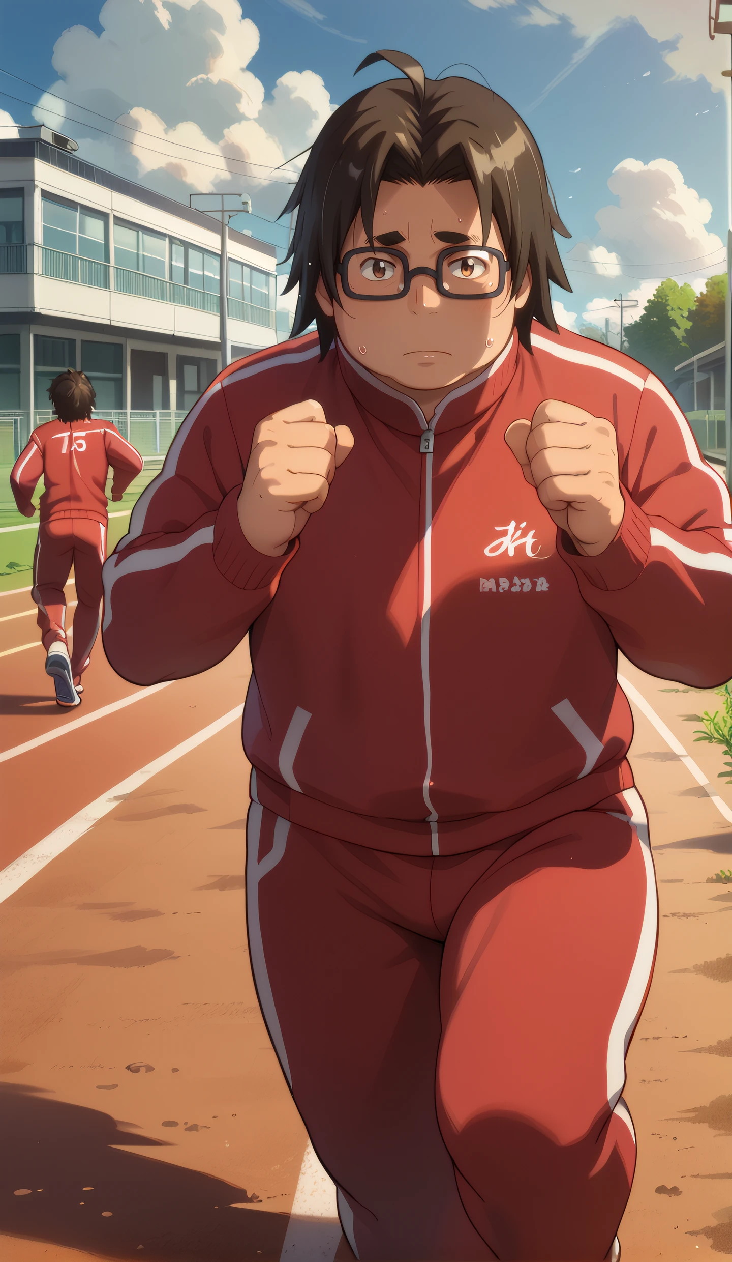 score_9, score_8_up, score_7_up, mature male, looking at viewer, cowboy shot, 
<lora:Hirano_Dwnsty:0.9>,  hirano_kohta, brown eyes, black hair, male focus, glasses, red track suit, hands up, running, jogging, 
plump, sitting, on ground, exhausted, sweat,
outdoors, street, cloudy sky,