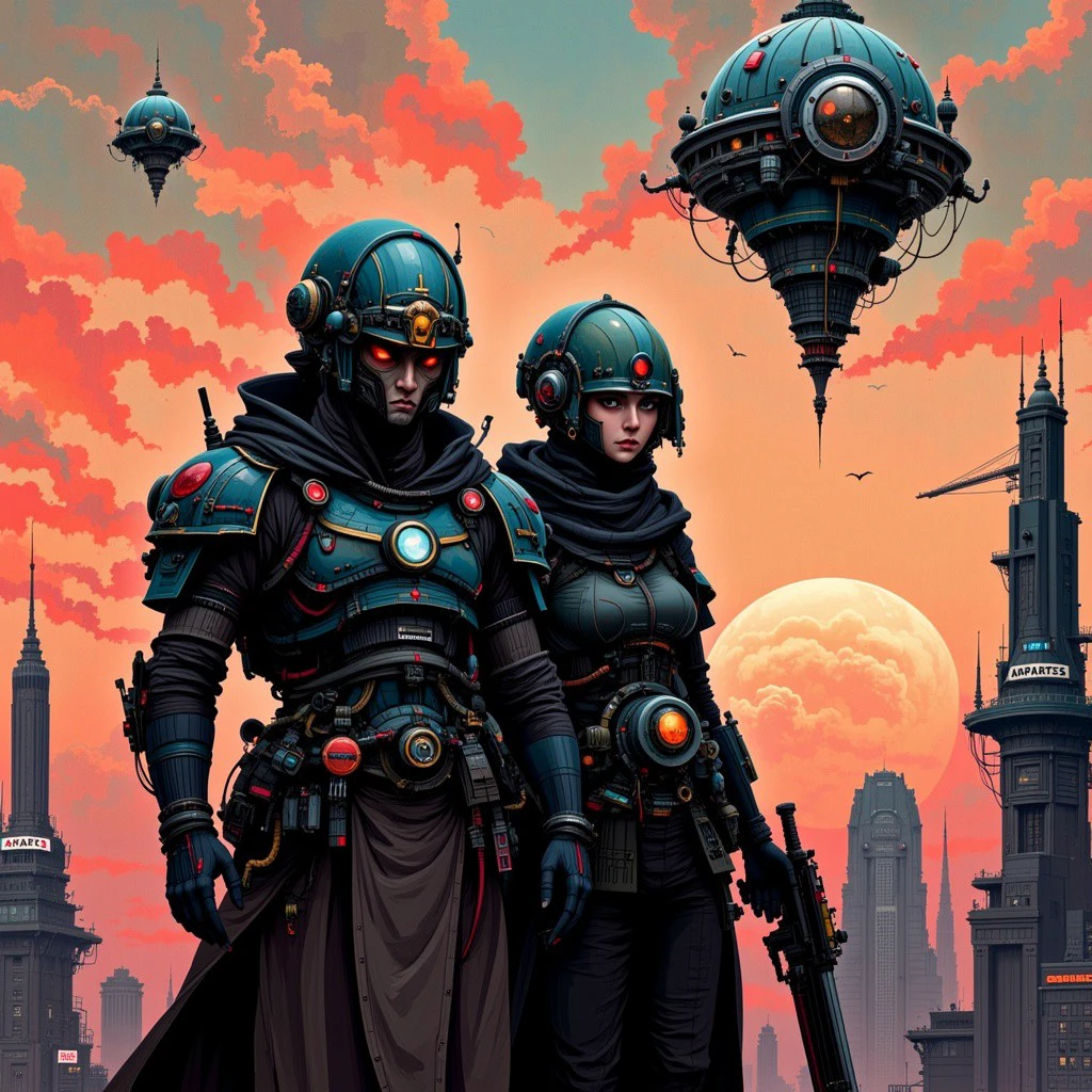 cybersociety style, , The image depicts two armored figures standing amidst a surreal landscape. They are clad in intricate, futuristic armor with a mix of metallic and organic textures, featuring glowing elements and various gadgets attached to their suits. The figures are set against a dramatic sky with clouds that have an orange and red hue, suggesting either dawn or dusk. In the background, there are floating structures resembling industrial towers and buildings, some adorned with signs like "EYES" and "APARTS." The overall atmosphere is one of a dystopian or science fiction setting, with a sense of isolation and otherworldliness conveyed through the unusual architecture and the figures' stern expressions., cyberpunk, armor, futuristic, sky, sunset, clouds, buildings, weapons, helmets, characters